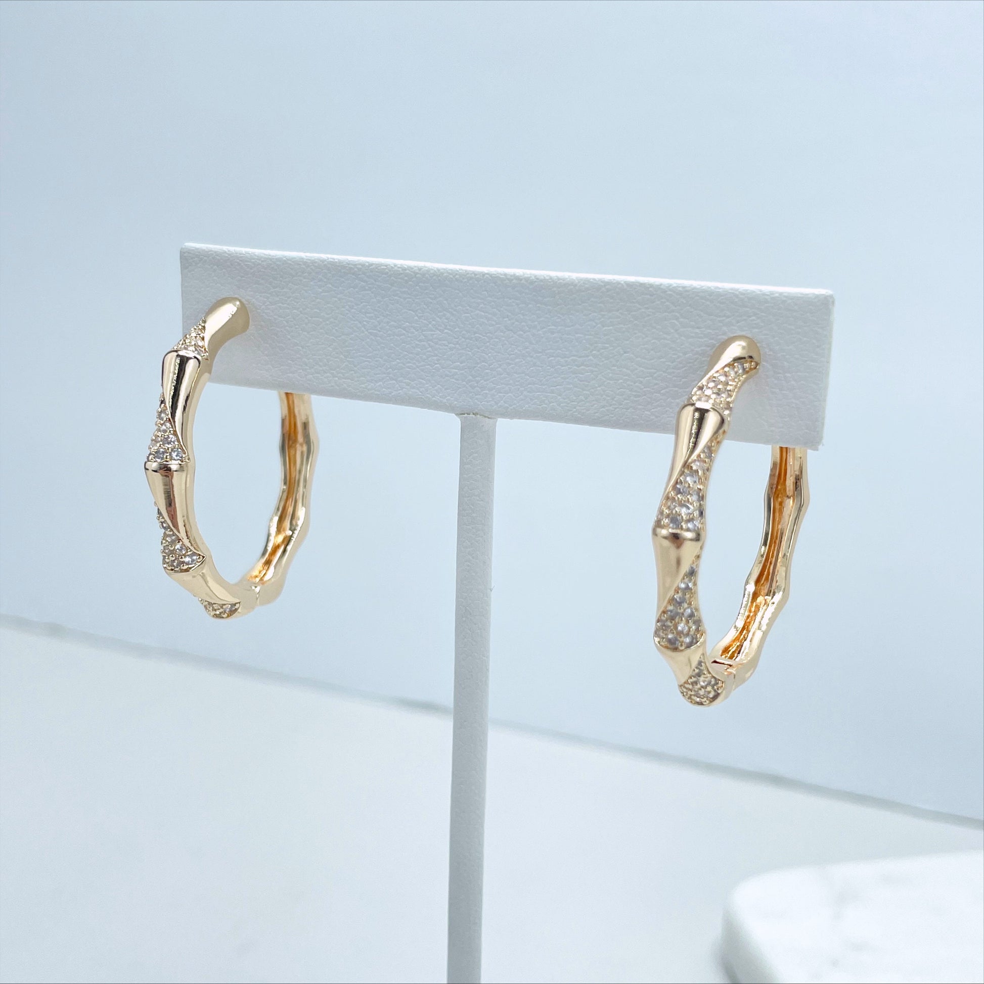 18k Gold Filled 36mm Bamboo Hoop Earrings with Micro Cubic Zirconia, 3mm Thickness, Wholesale Jewelry Making Supplies