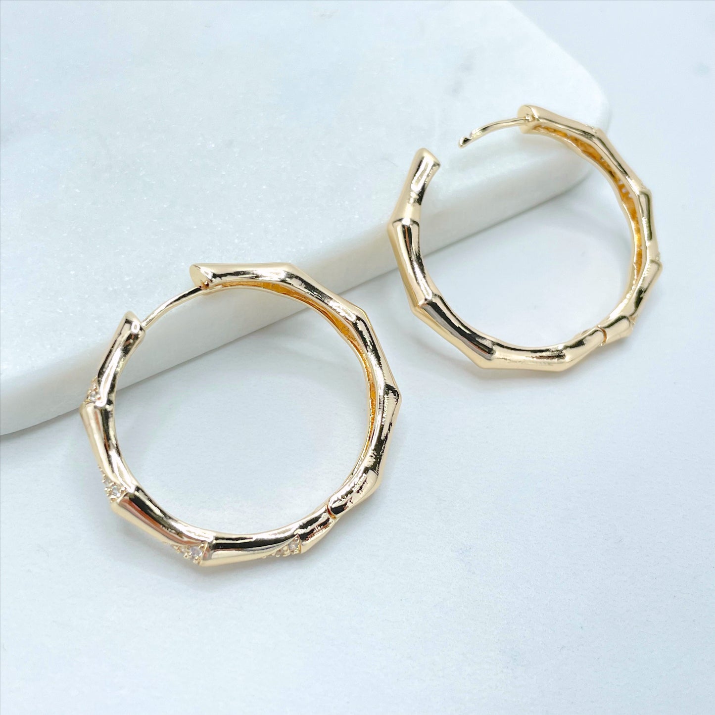 18k Gold Filled 36mm Bamboo Hoop Earrings with Micro Cubic Zirconia, 3mm Thickness, Wholesale Jewelry Making Supplies