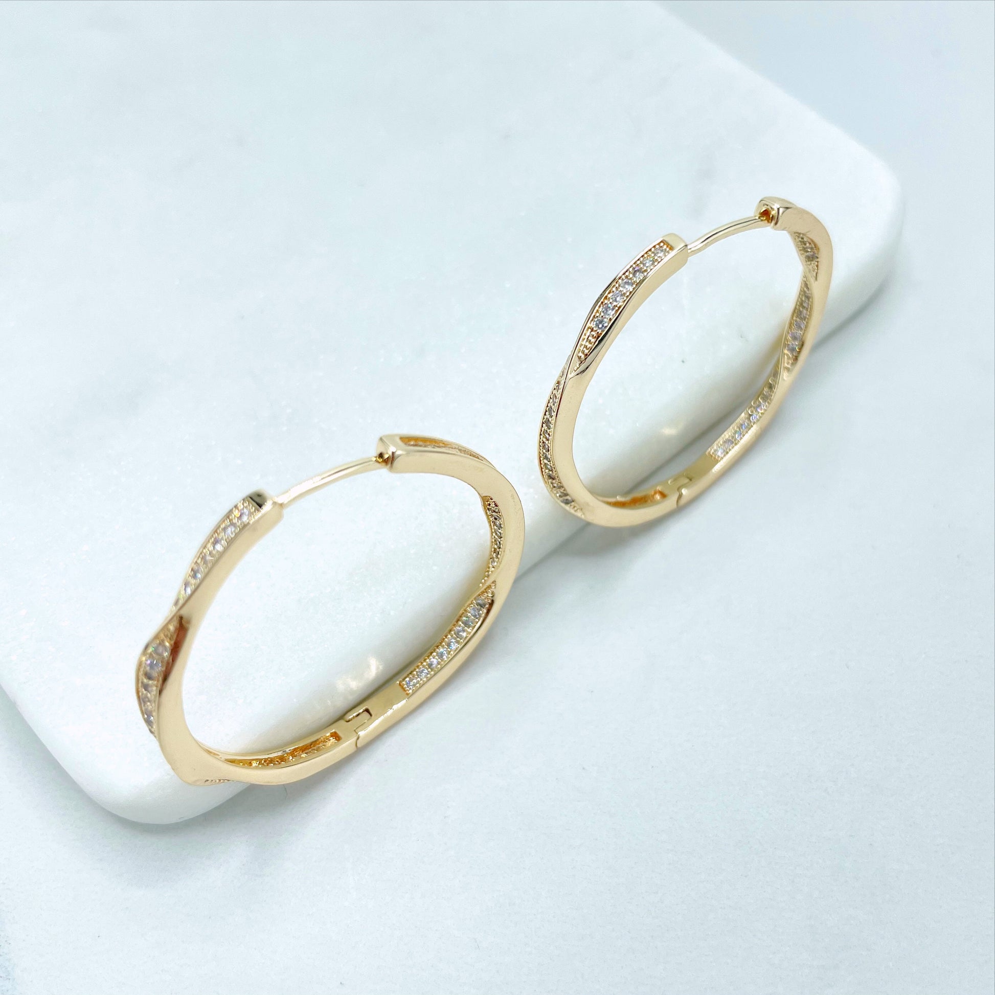 18k Gold Filled, Twisted 34mm Hoop Earrings with Micro Pave, Cubic Zirconia, Dainty Hoops, Zircon Hoops, Wholesale Jewelry Making Supplies