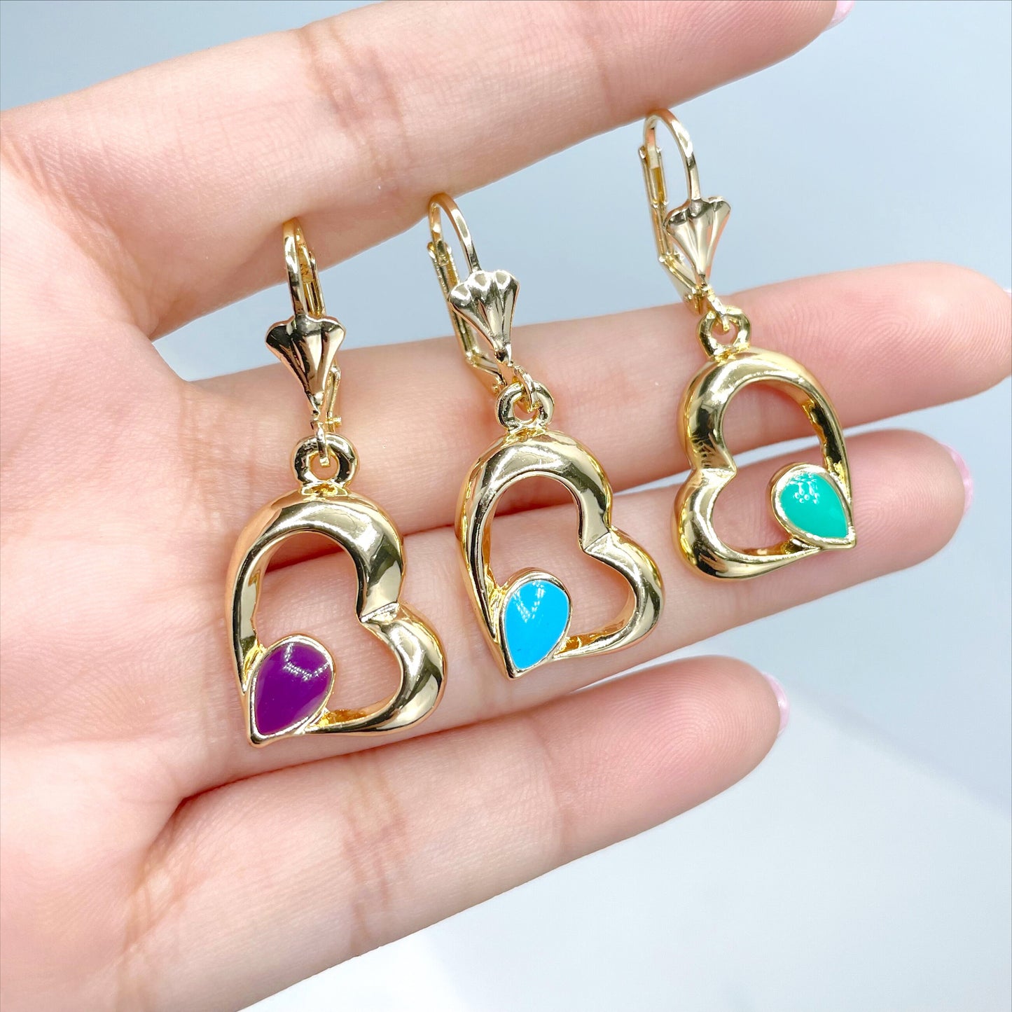 18k Gold Filled Colored Enamel Heart Shape Dangle Earrings and Pendant Set, Light Blue, Light Green or Purple, Wholesale Jewelry Supplies