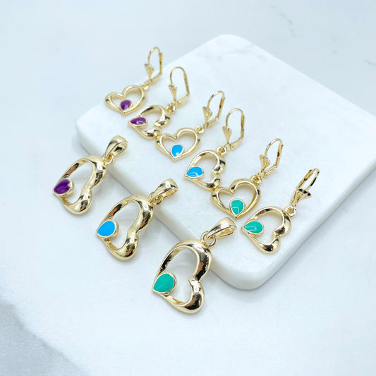 18k Gold Filled Colored Enamel Heart Shape Dangle Earrings and Pendant Set, Light Blue, Light Green or Purple, Wholesale Jewelry Supplies