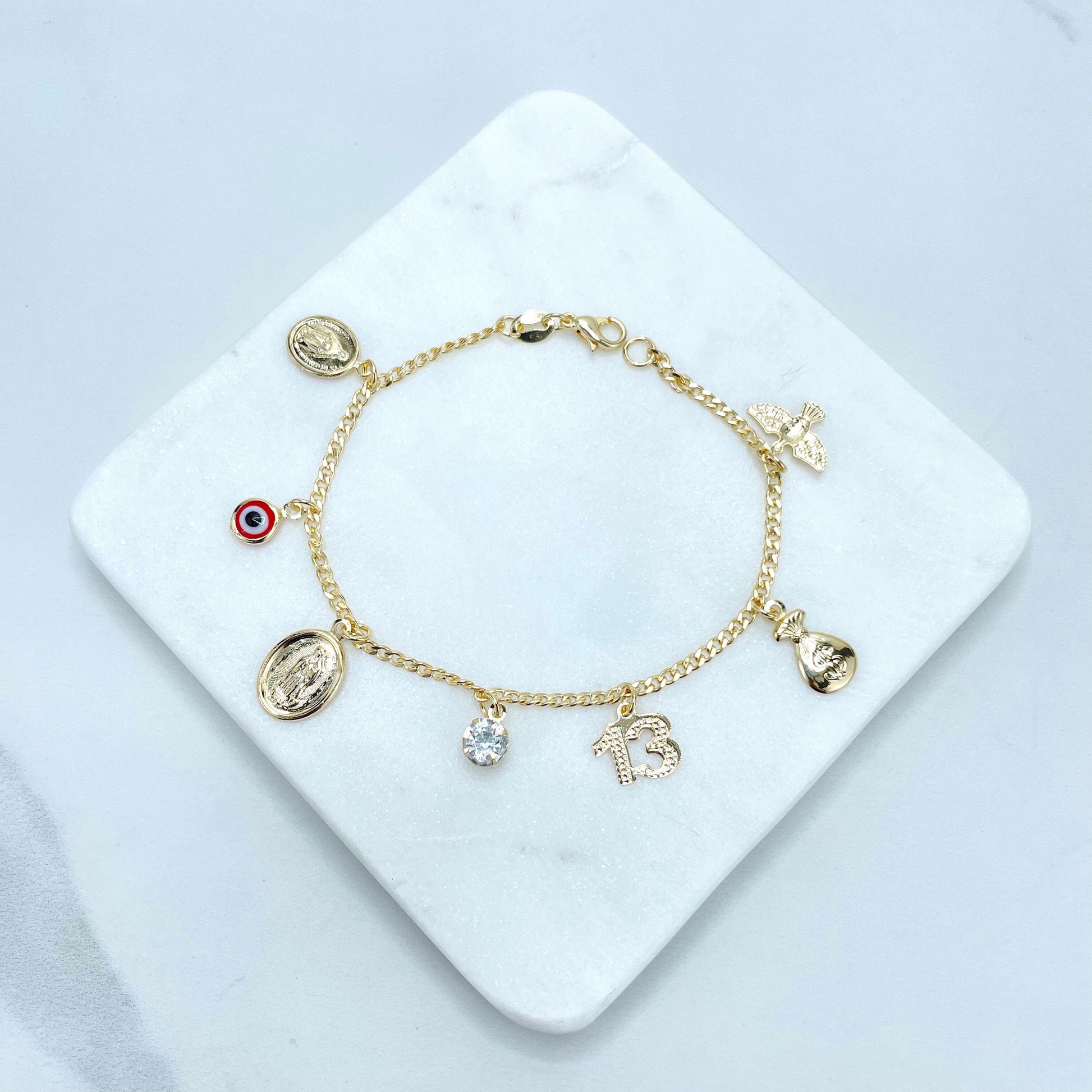 18k Gold Filled Red Evil Eyes, Virgen de Guadalupe, La Milagrosa, Money Bag, Dove, 13, Solitaire CZ Charms Bracelet, Wholesale Jewelry