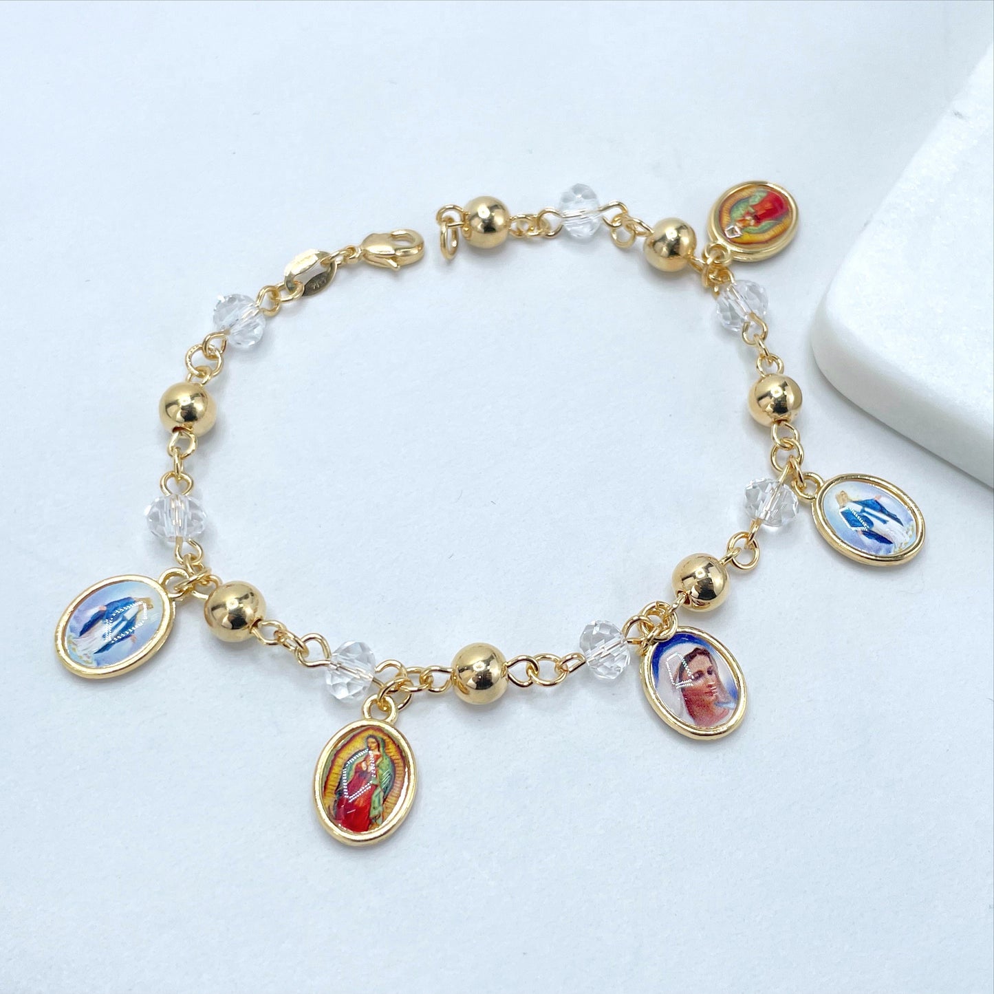 18k Gold Filled Our Lady of Guadalupe, Miraculous Virgin and Saint Therese with Gold & Clear Beads Religious Bracelet, Wholesale Jewelry