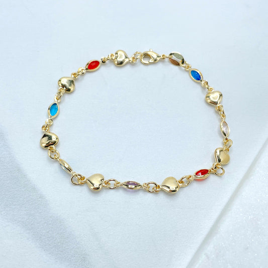 18k Gold Filled 6mm Colored Acrylic and Gold Hearts Linked Bracelet, Wholesale Jewelry Making Supplies