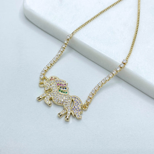 18k Gold Filled 1mm Box Chain, Clear CZ & Colored Micro Cubic Zirconia Unicorn Shape Charm, Adjustable Bracelet, Wholesale Jewelry Supplies