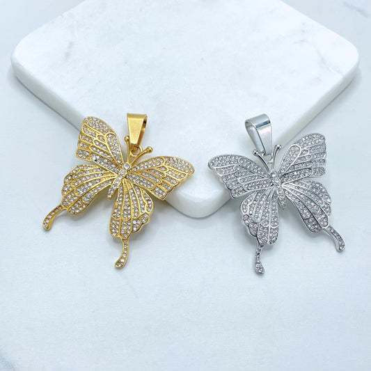 Gold Plated or Silver Pleated On Stainless Steel with Micro Cubic Zirconia Butterfly Charms Pendant, Wholesale Jewelry Making Supplies