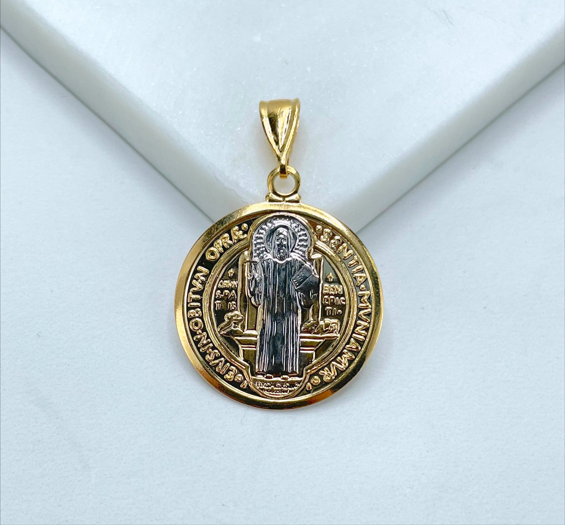 18k Gold Filled, Two Tone Saint Benedict Reversible Medal Pendant Charms, Catholic Roman Protection, Wholesale Jewelry Making Supplies