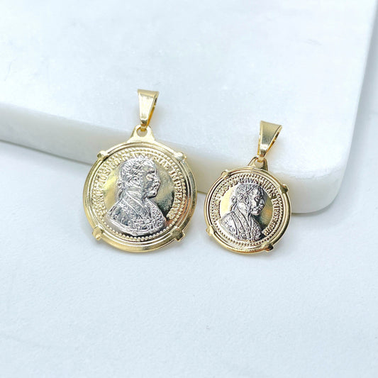 18k Gold Filled Two Tone, Franc Joseph Emperor Austria Hungary, 1915 Token Antique Medal, Charm Pendant, Wholesale Jewelry Making Supplies
