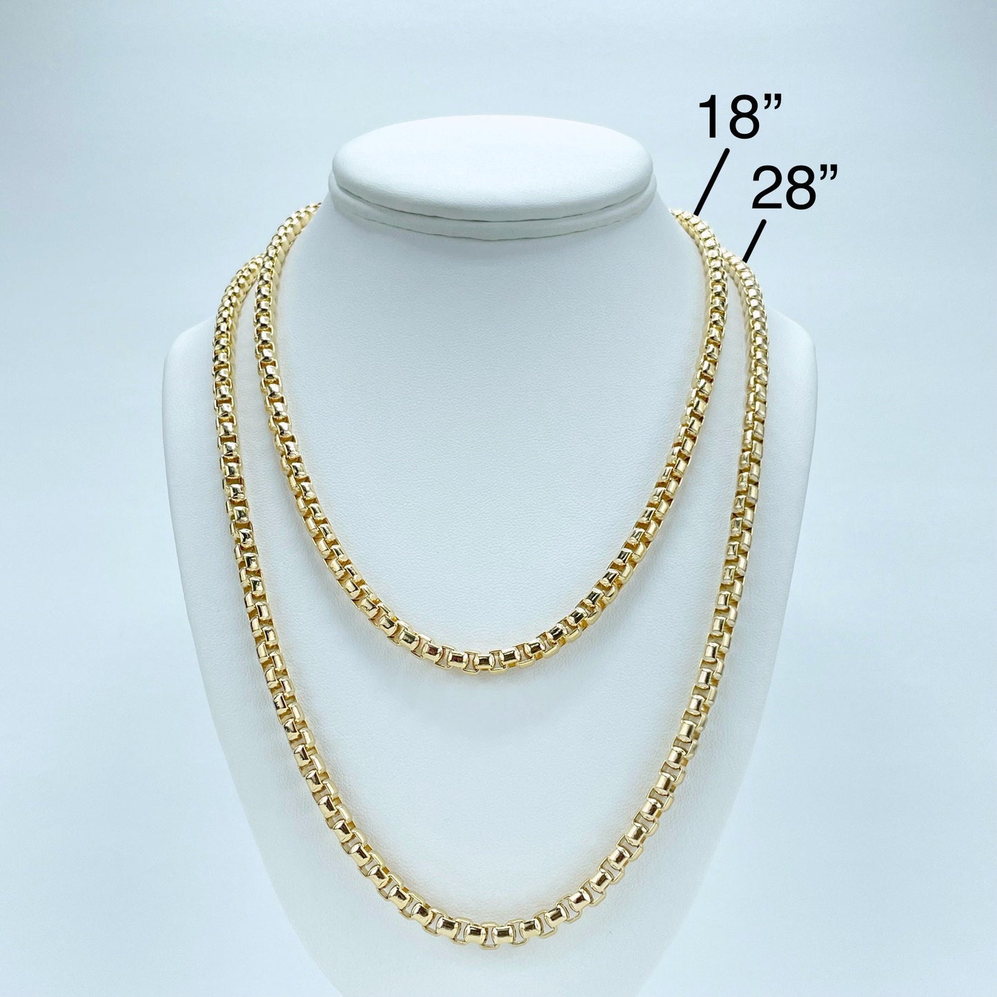 18k Gold  Filled, Ultra Light, 5mm Box Chain Link 18" to 20'', 28'', 7'' and 8.5''  Long, Unisex Chain Wholesale Jewelry Making Supplies