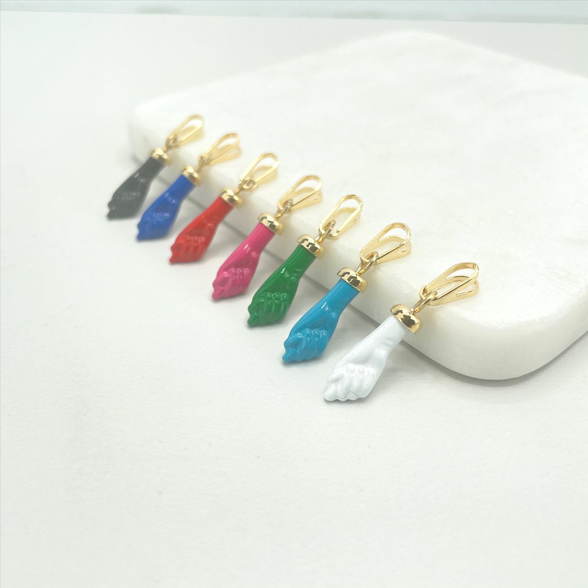 18k Gold Filled Colored Enamel Figa Hand Charms in White, Green, Sky Blue, Royal Blue, Pink, Red or Gray, Wholesale Jewelry Making Supplies