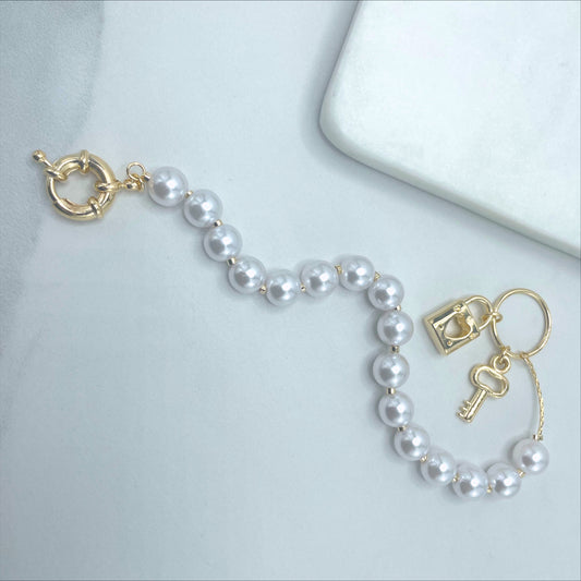 18k Gold Filled 8mm White Beads Simulated Pearls, Lock and Key Charm,  Beaded Bracelet, Wholesale Jewelry Making Supplies