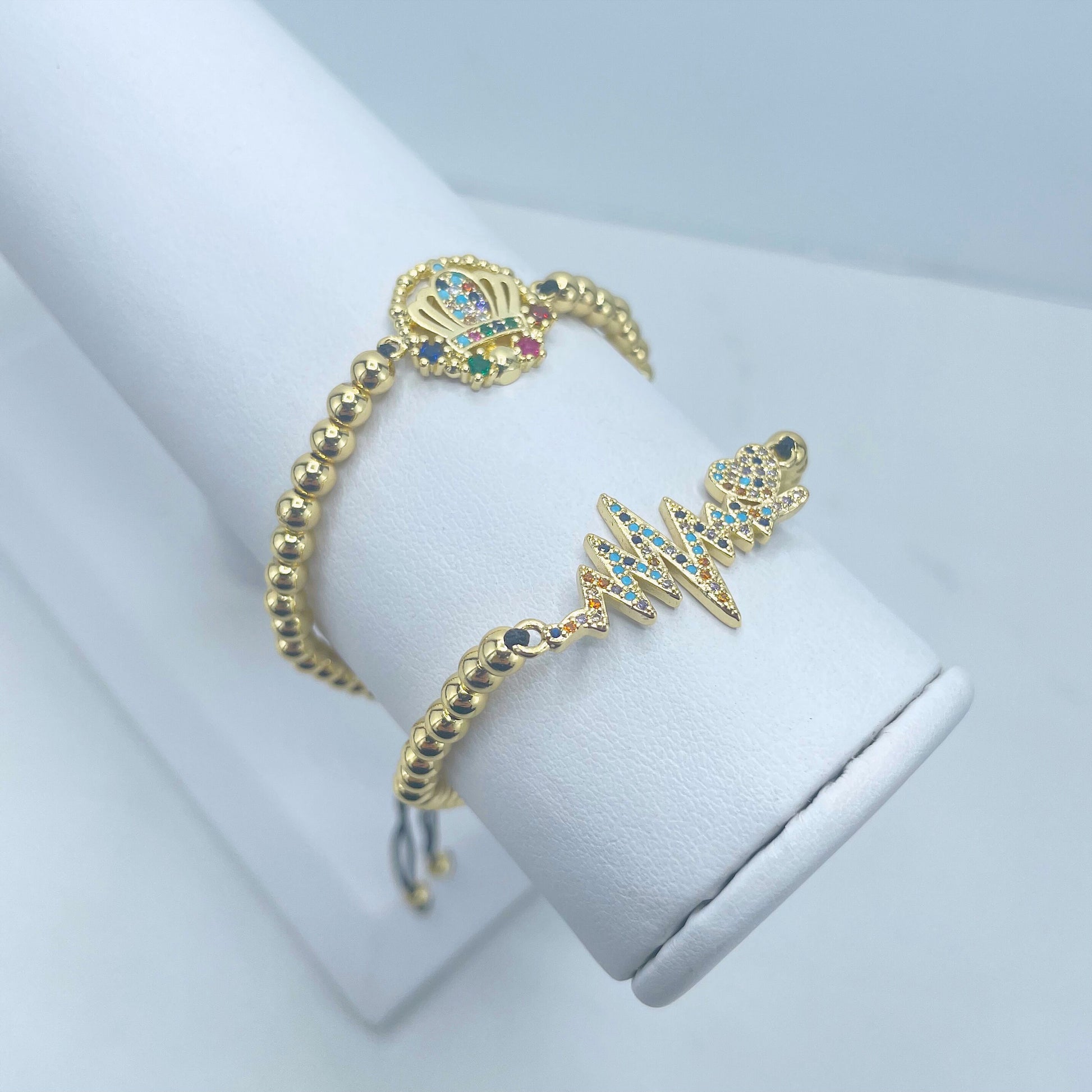 18k Gold Filled 3mm Gold Beads, Handmade Adjustable Bracelet with Colored Micro CZ, Heartbeat or Crown Charms, Wholesale Jewelry Supplies