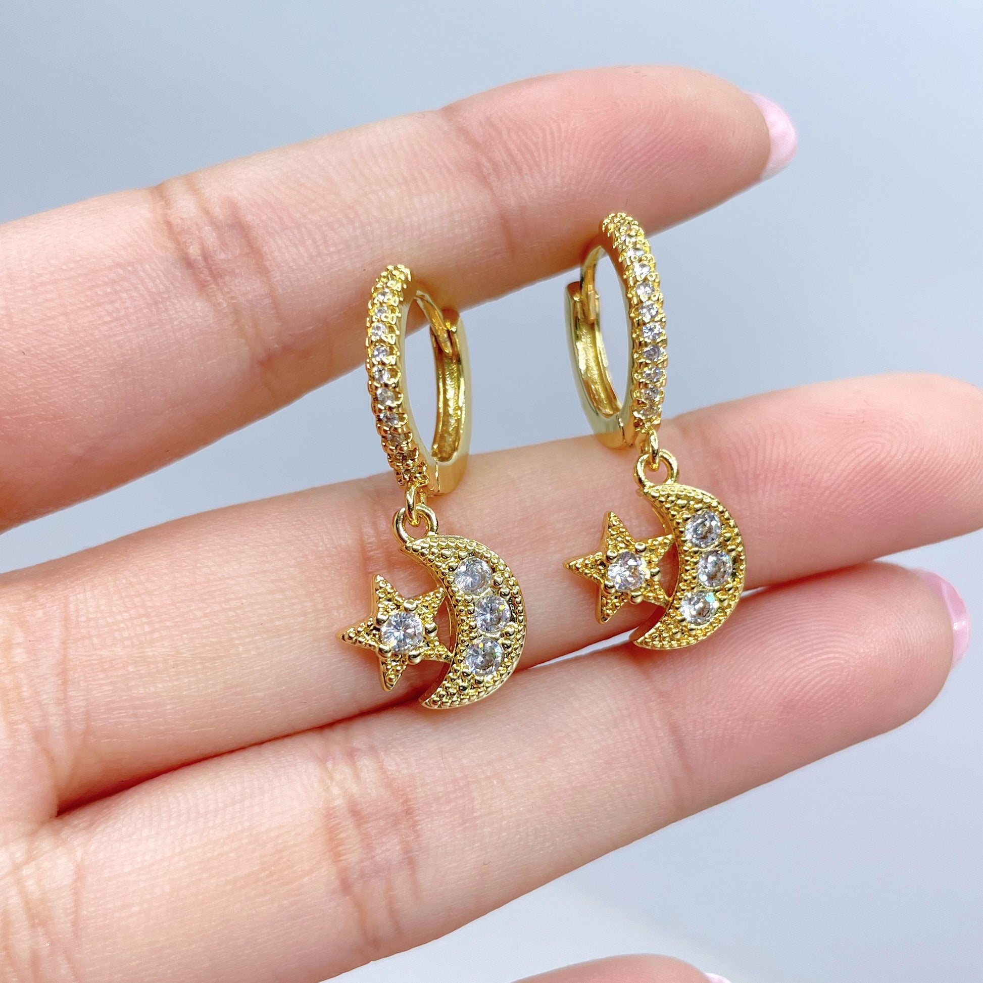 18k Gold Filled 15mm Huggie Earrings with Micro Cubic Zirconia Moon & Star Shape Charm, Dangle Earrings, Wholesale Jewelry Making Supplies