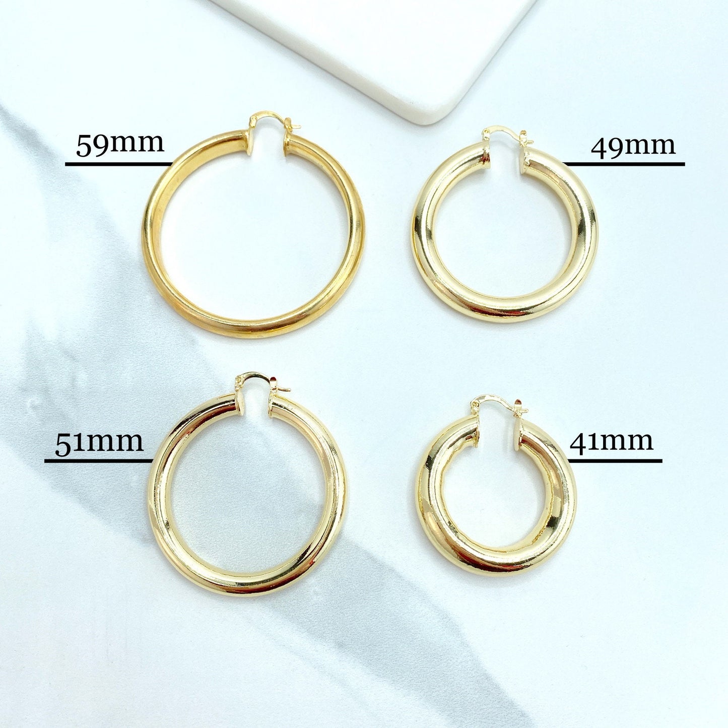 18k Gold Filled Light Tubular Hoops Earrings, Available in 41mm, 49mm, 51mm or 59mm, Wholesale Jewelry Making Supplies