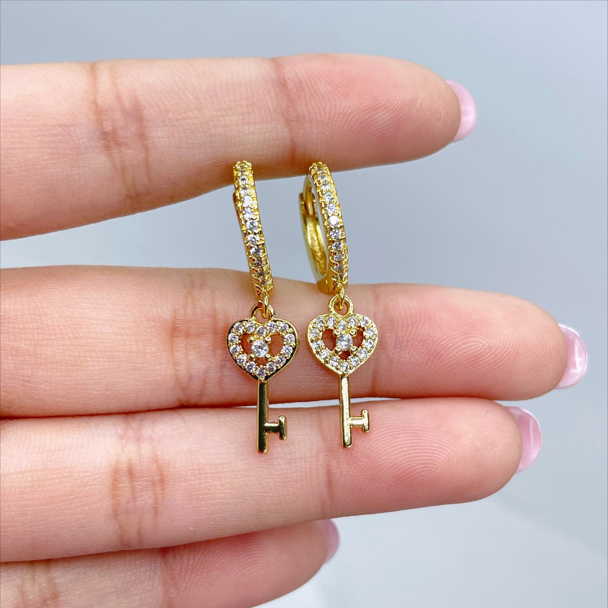 18k Gold Filled 15mm Huggie Earrings with Micro Cubic Zirconia Key in Heart Shape Charm, Dangle Earrings, Wholesale Jewelry Making Supplies