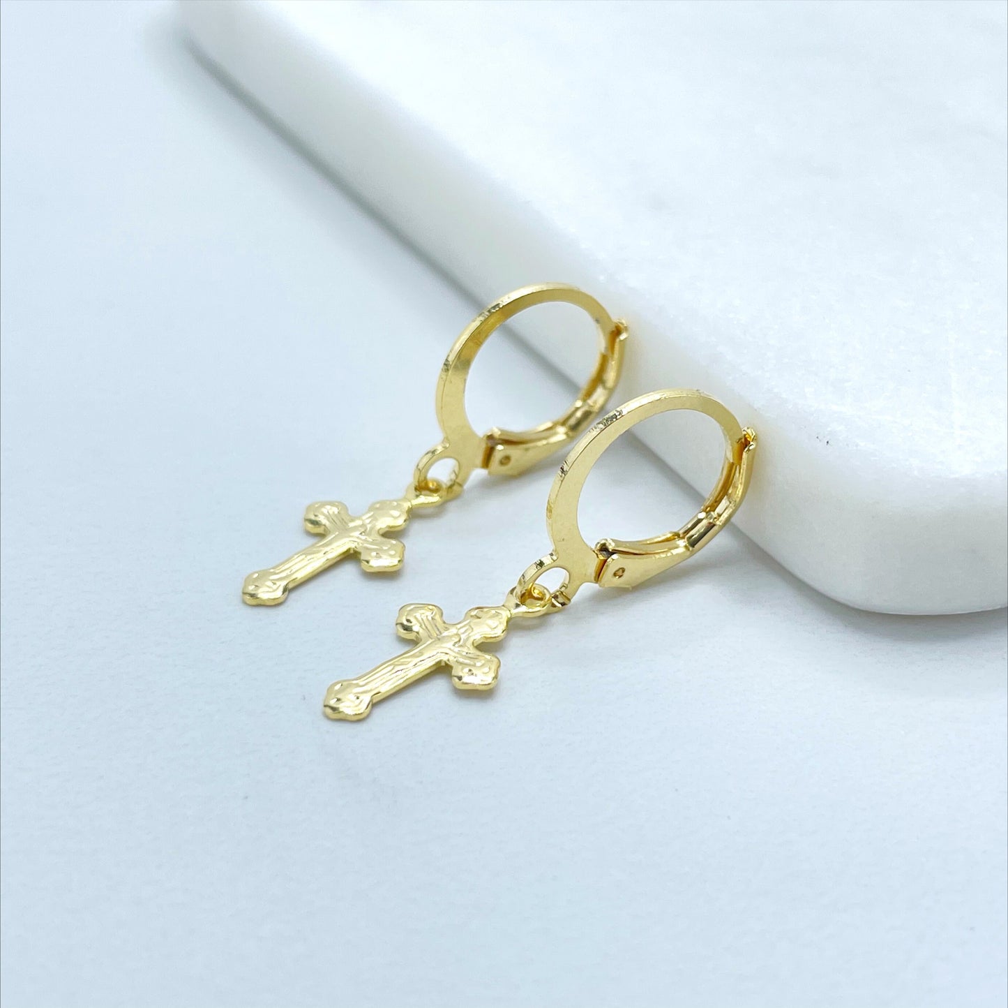 18k Gold Filled 12mm Huggie Earrings with Jesus Christ Crucifix Cross Shape Charm, Dangle Earrings, Wholesale Jewelry Making Supplies