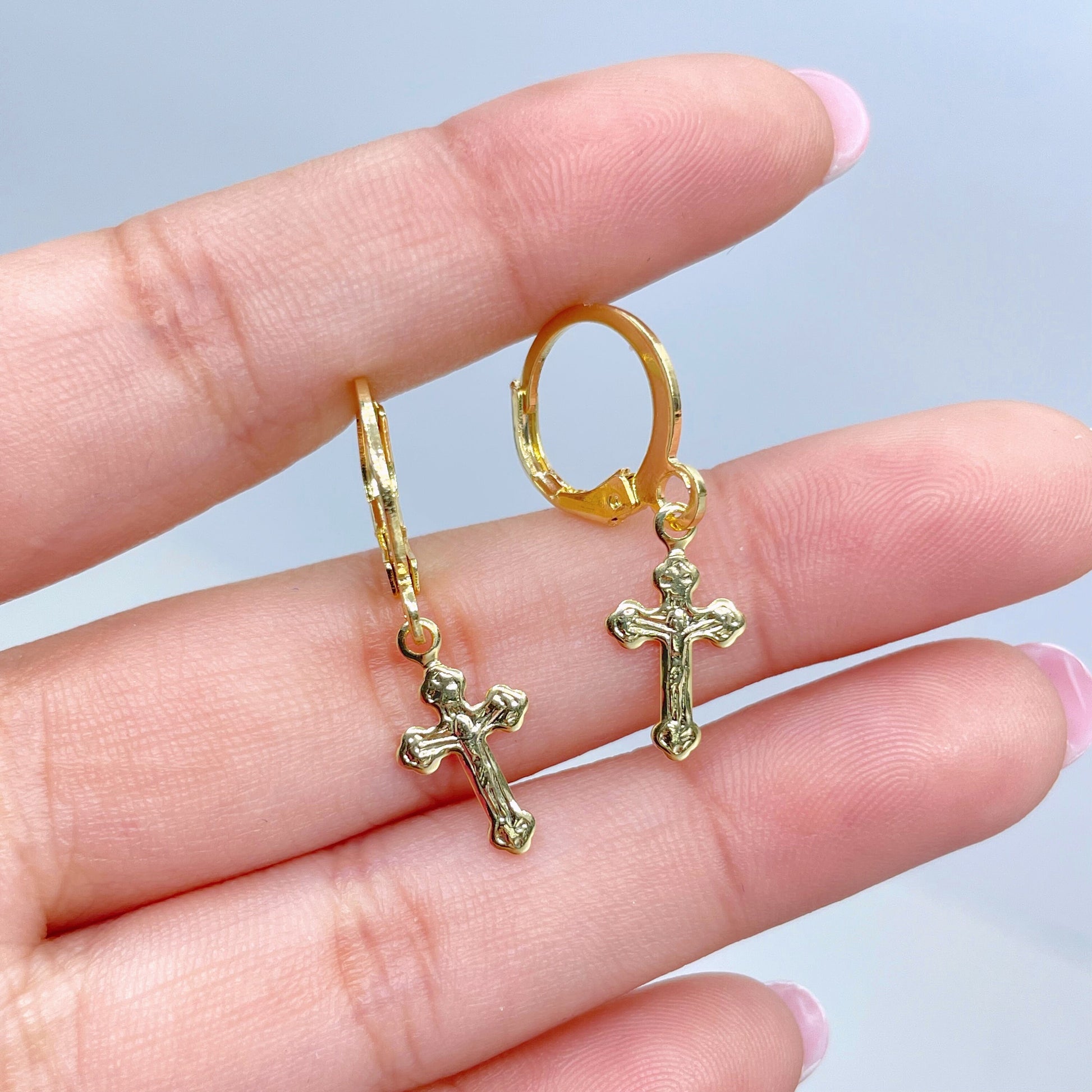 18k Gold Filled 12mm Huggie Earrings with Jesus Christ Crucifix Cross Shape Charm, Dangle Earrings, Wholesale Jewelry Making Supplies