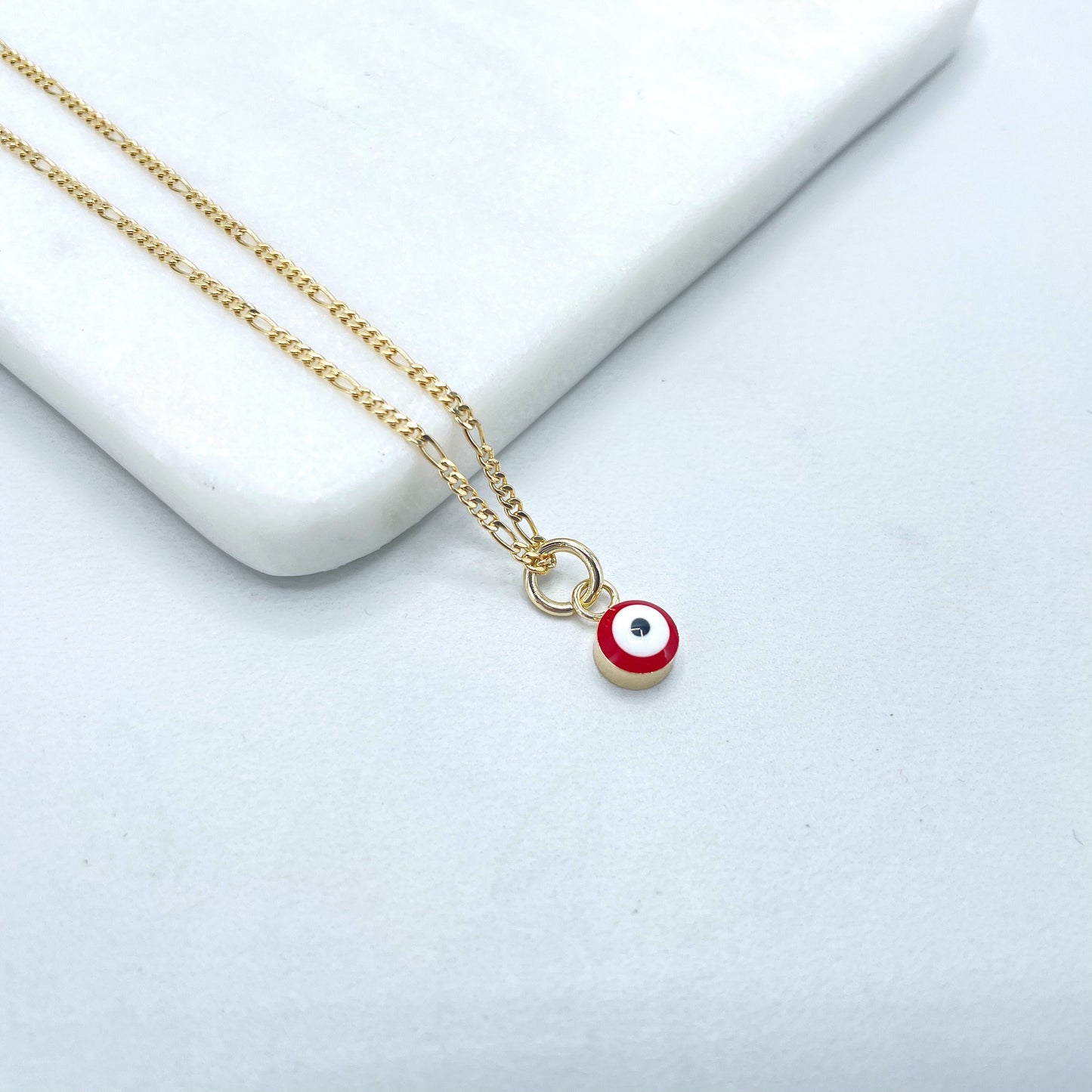 18k Gold Filled 1mm Figaro Link Dainty Chain, Red Greek Evil Eyes Earrings or Charm, Small or Medium Size, Wholesale Jewelry Making Supplies