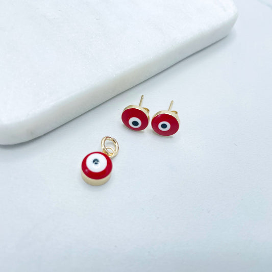 18k Gold Filled 1mm Figaro Link Dainty Chain, Red Greek Evil Eyes Earrings or Charm, Small or Medium Size, Wholesale Jewelry Making Supplies