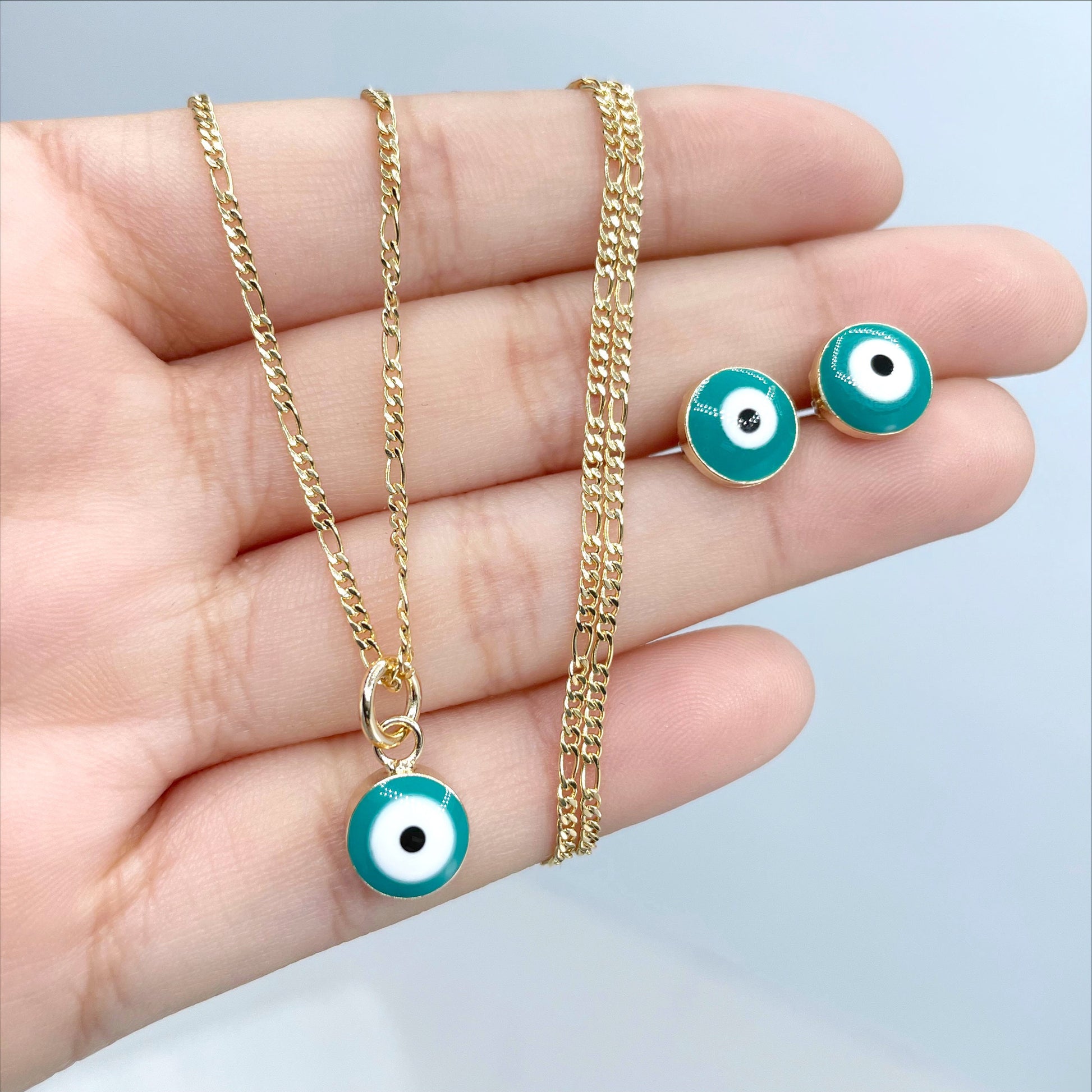 18k Gold Filled 1mm Figaro Link Dainty Chain, Teal Blue Greek Evil Eyes Earrings or Charm, Small or Medium, Wholesale Jewelry Supplies