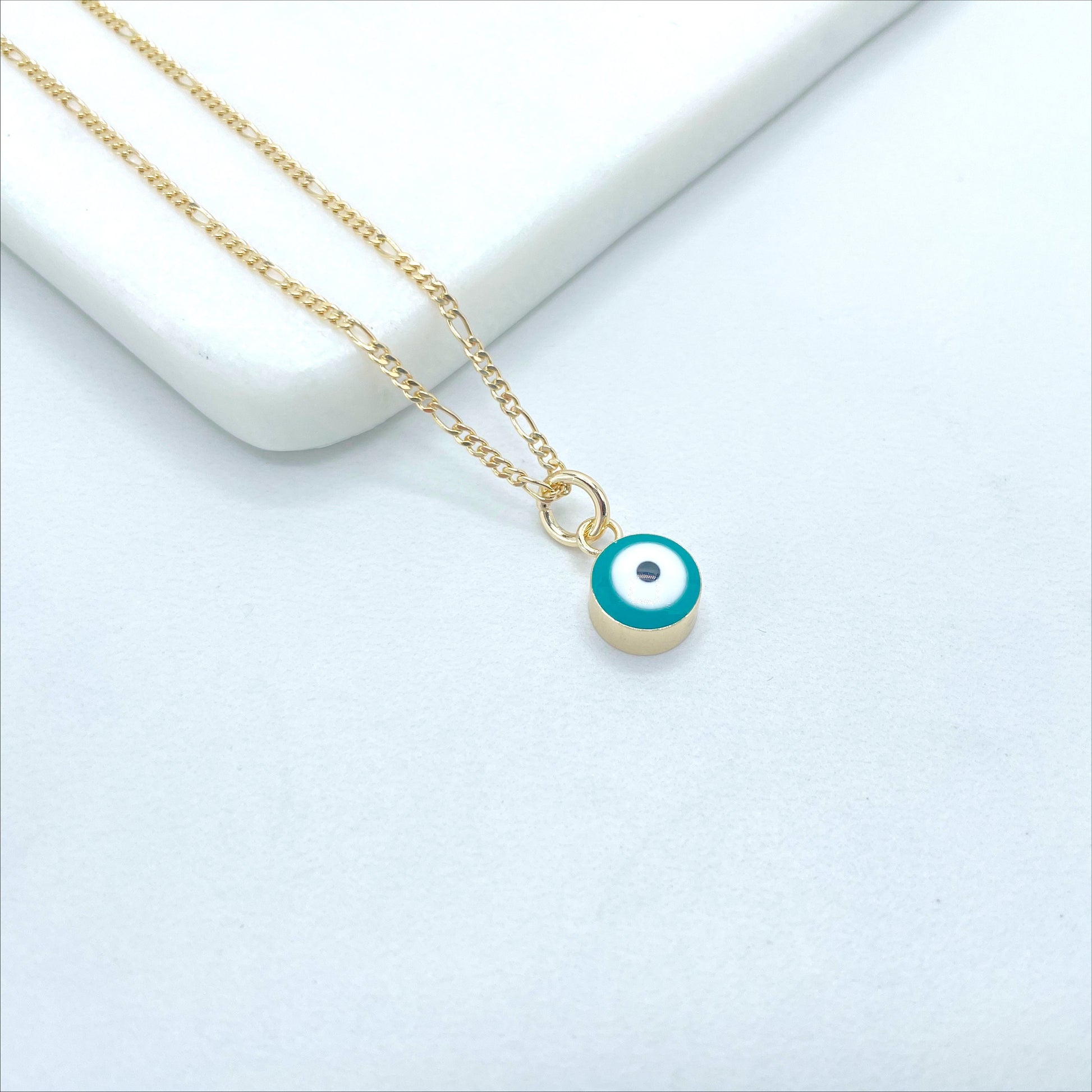 18k Gold Filled 1mm Figaro Link Dainty Chain, Teal Blue Greek Evil Eyes Earrings or Charm, Small or Medium, Wholesale Jewelry Supplies