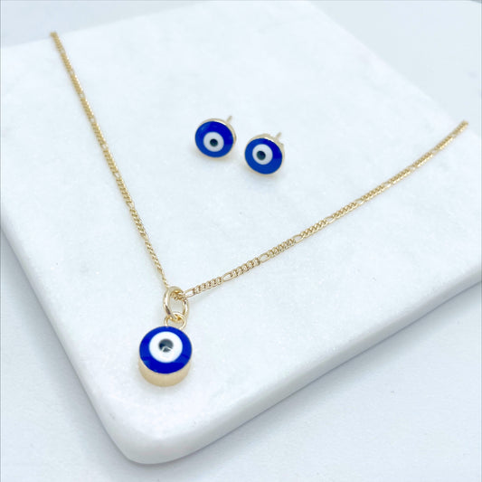 18k Gold Filled 1mm Figaro Link Dainty Chain with Royal Blue Greek Evil Eyes Earrings or Charm, Wholesale Jewelry Making Supplies