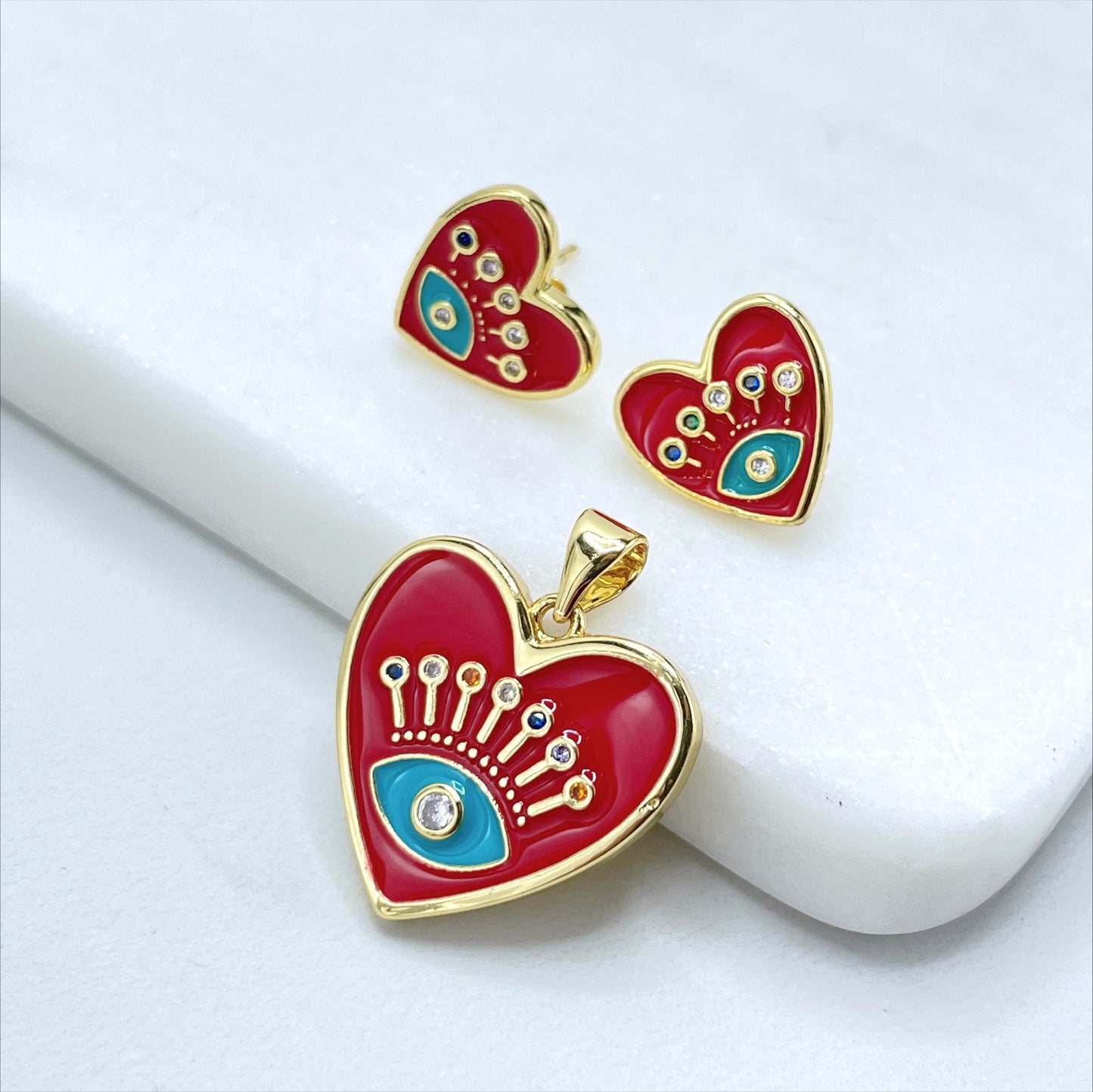 18k Gold Filled 2mm Curb Link Chain, Red Enamel with Colored Micro CZ Evil Eyes Heart Shape Earrings and Charm, Wholesale Jewelry Supplies