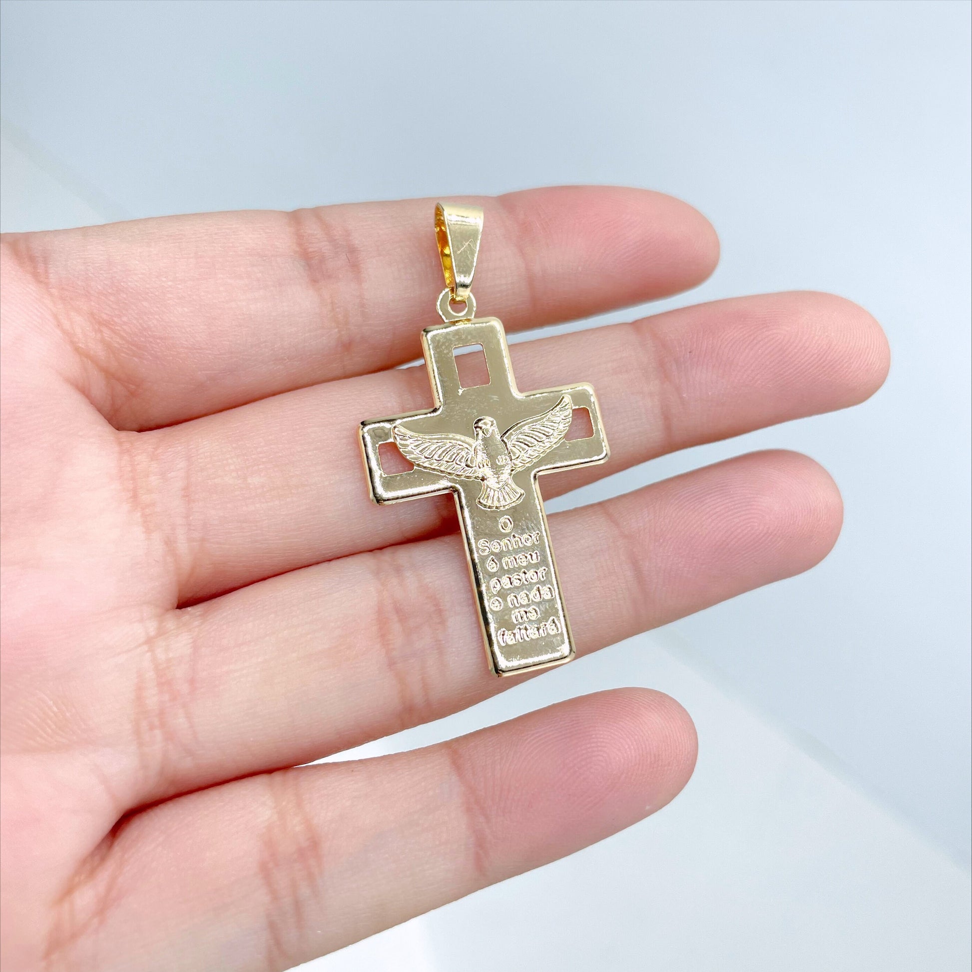 18K Gold Filled Cross Charms Pendant with Dove & Portuguese Bible 23 Psalm description, Wholesale Jewelry Making Supplies