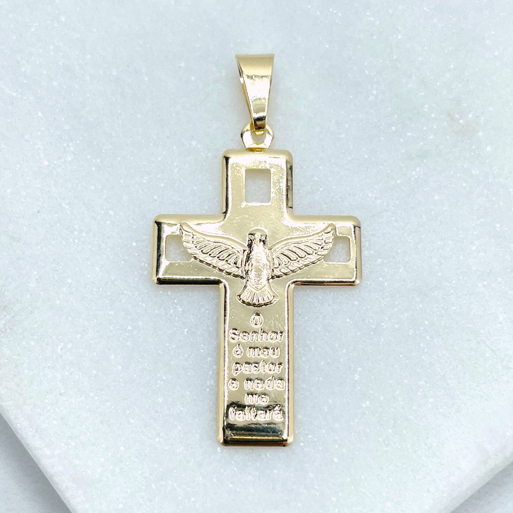 18K Gold Filled Cross Charms Pendant with Dove & Portuguese Bible 23 Psalm description, Wholesale Jewelry Making Supplies