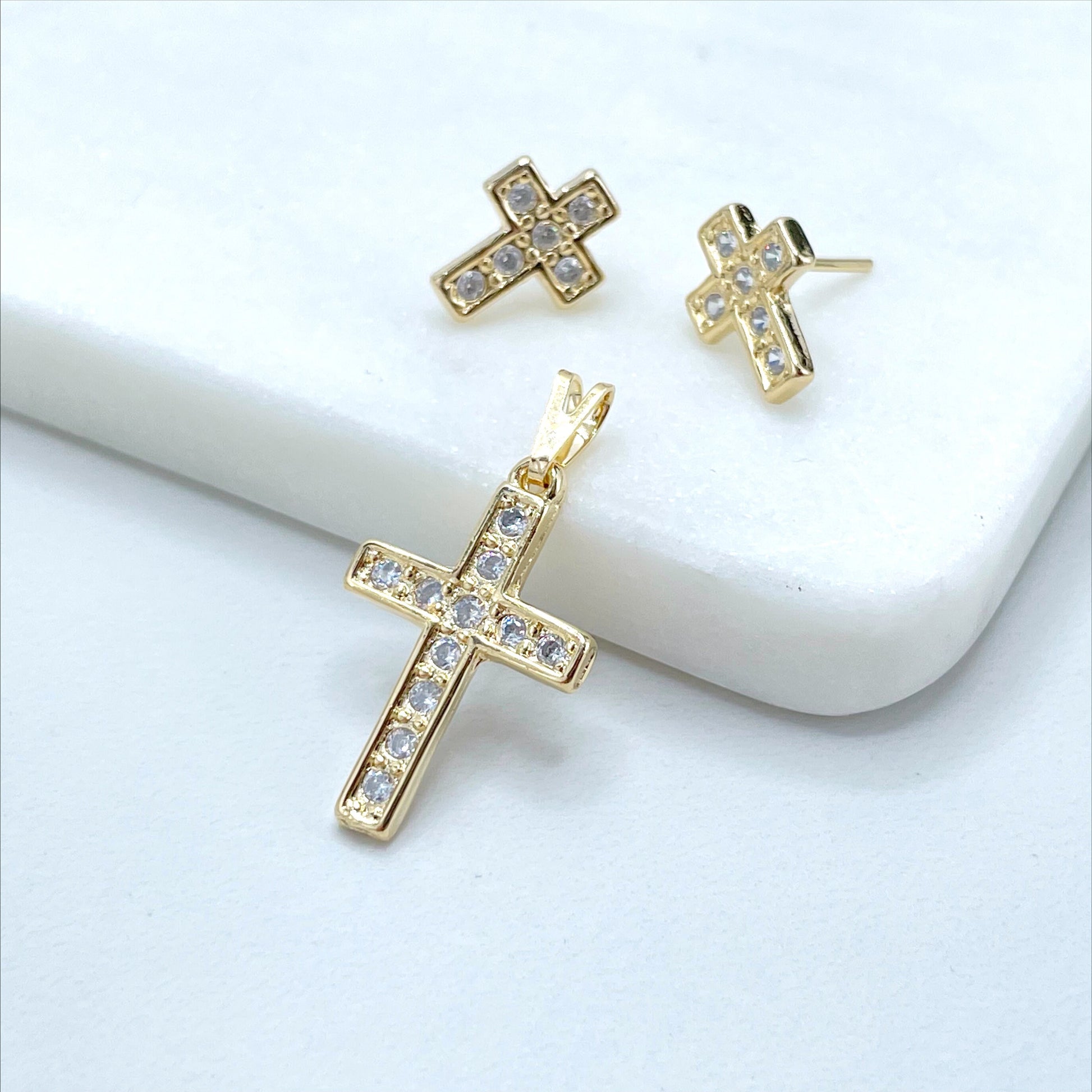 18k Gold Filled 2mm Curb Link Chain with Cubic Zirconia Cross Stud Earrings and Pendant, Wholesale Jewelry Making Supplies