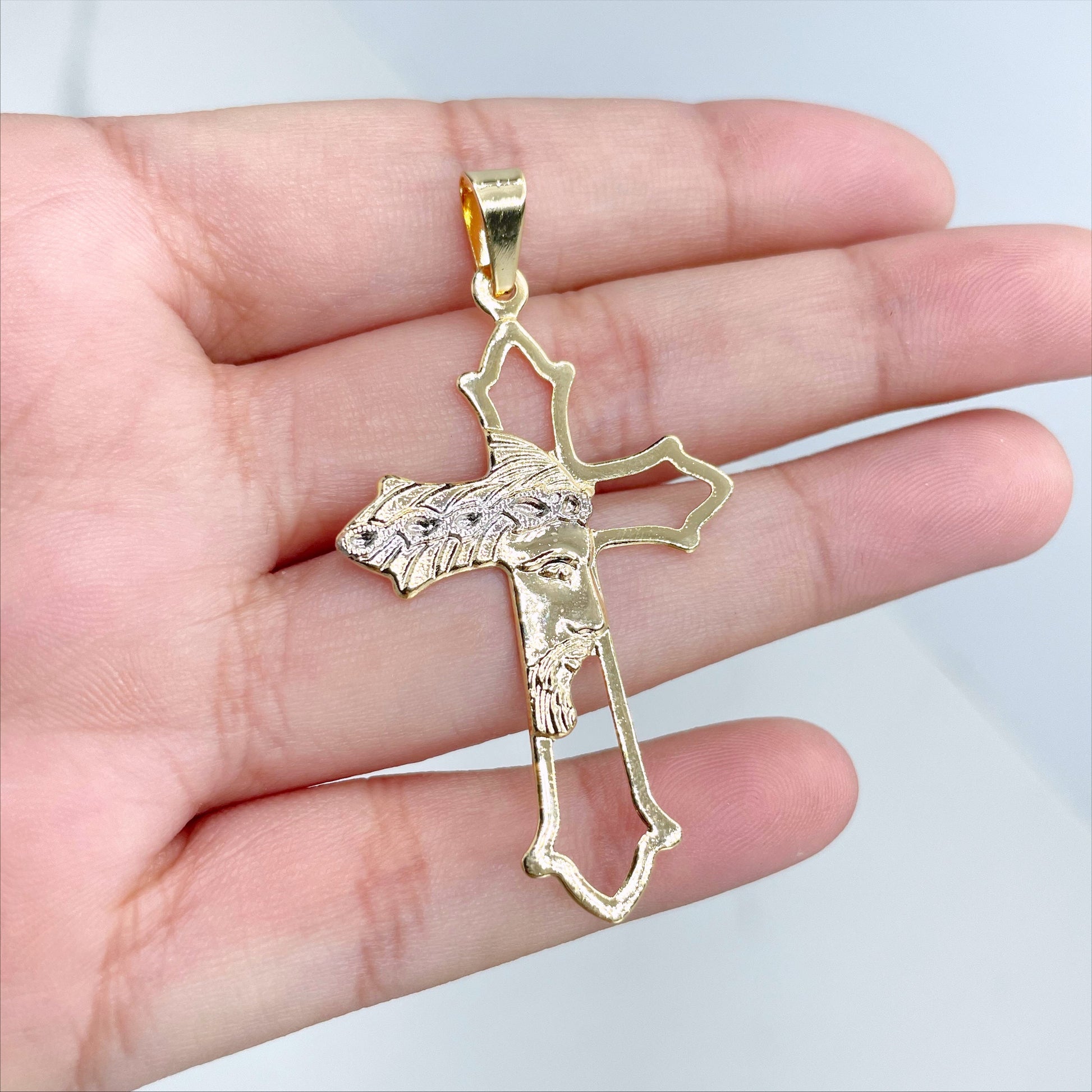18K Gold Filled Two Tone Cross with Jesus Face Charms Pendants, Catholic Religious Holy Cross, Wholesale Jewelry Making Supplies
