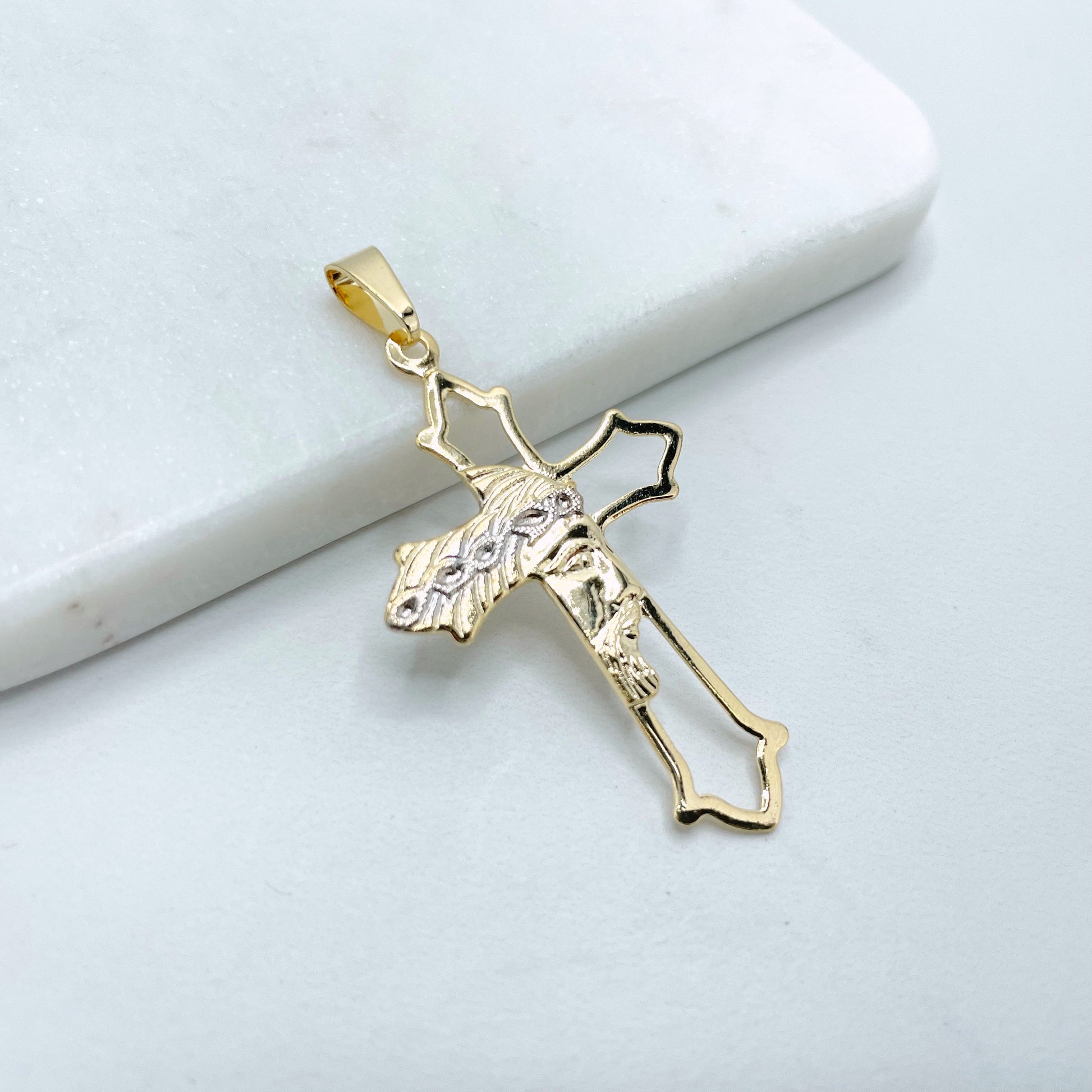 18K Gold Filled Two Tone Cross with Jesus Face Charms Pendants, Catholic Religious Holy Cross, Wholesale Jewelry Making Supplies