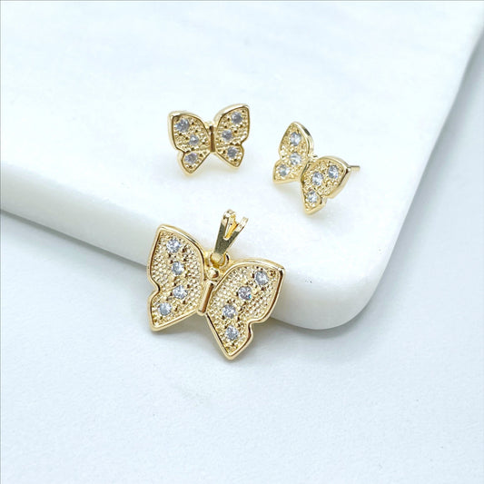 18k Gold Filled with CZ, 2mm Curb Link Chain, Butterfly Earrings and Pendant, Set  with Cubic Zirconia Wholesale Jewelry Supplies