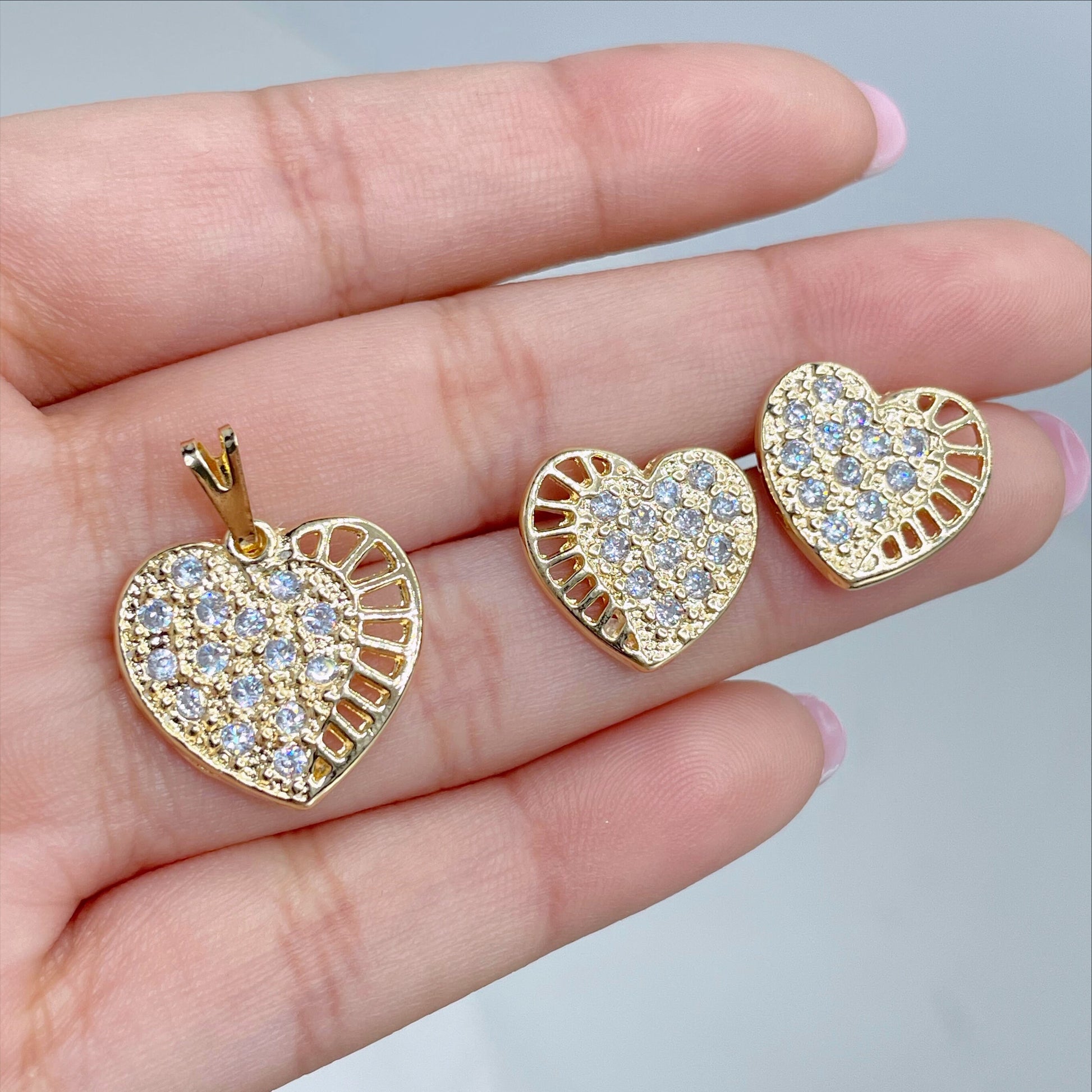 18k Gold Filled 2mm Curb Link Chain with Cubic Zirconia Heart Stud Earrings and Pendant Charms Set, Wholesale Jewelry Making Supplies