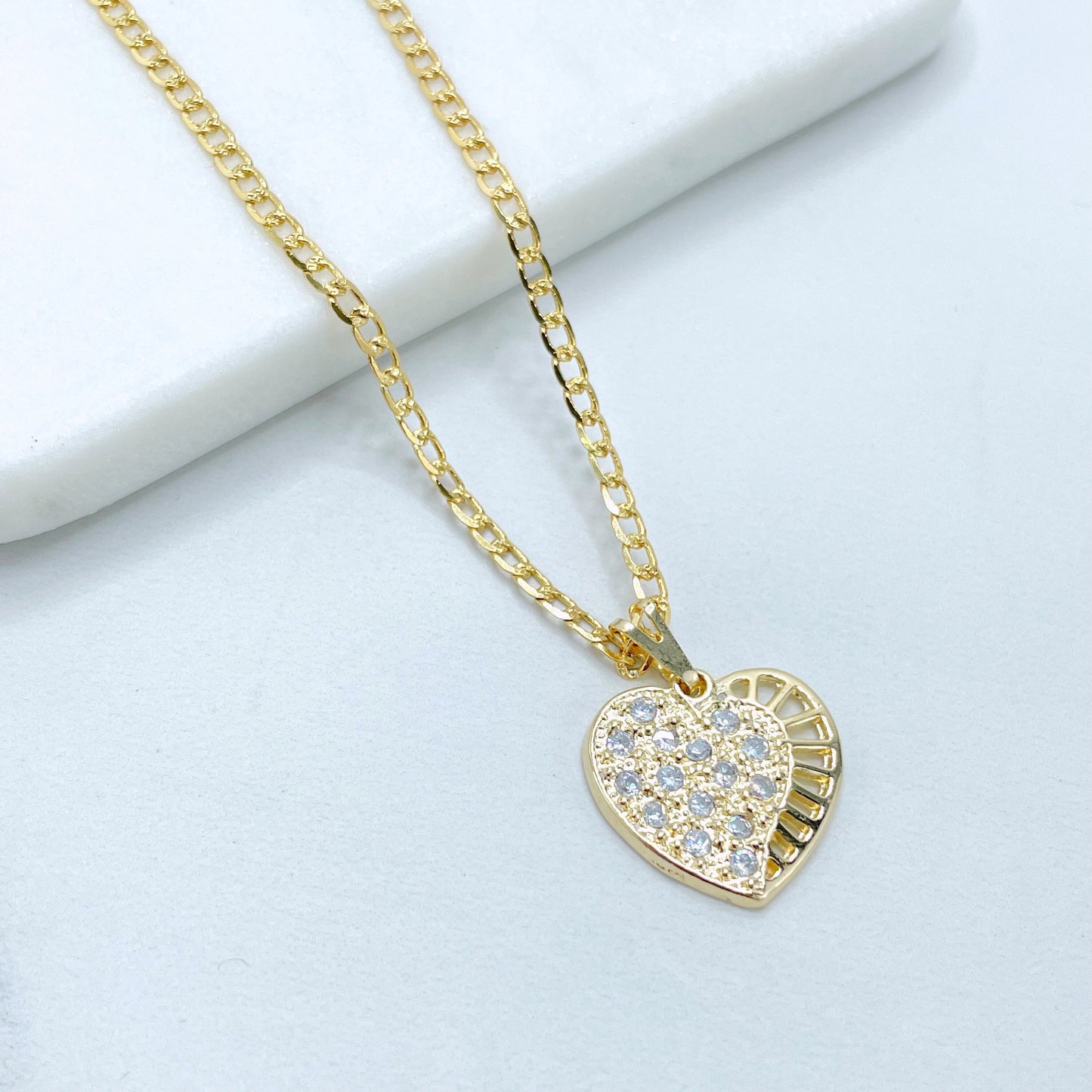 18k Gold Filled 2mm Curb Link Chain with Cubic Zirconia Heart Stud Earrings and Pendant Charms Set, Wholesale Jewelry Making Supplies