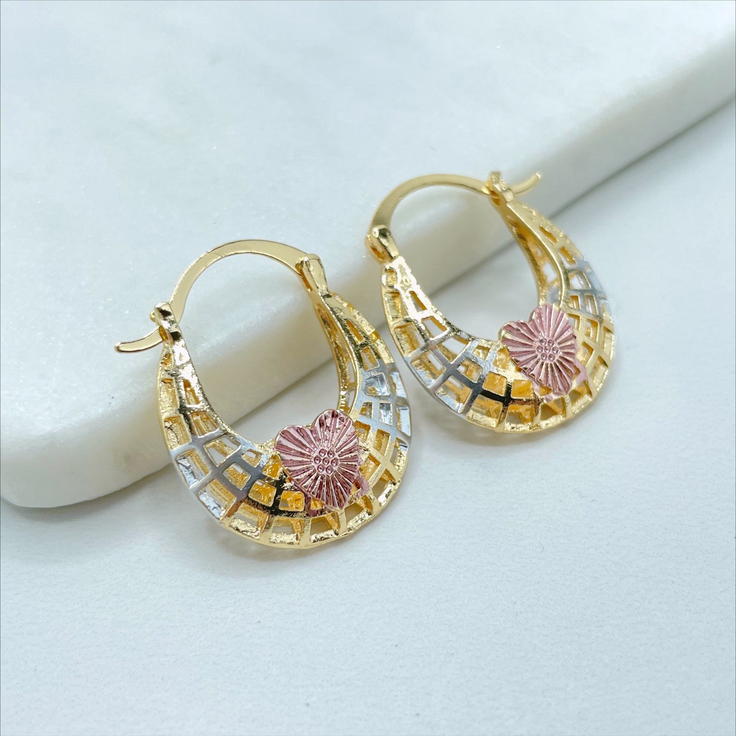 18k Gold Filled, Three Color 21mm Basket Earrings, 6mm Thickness, Wholesale Jewelry Making Supplies