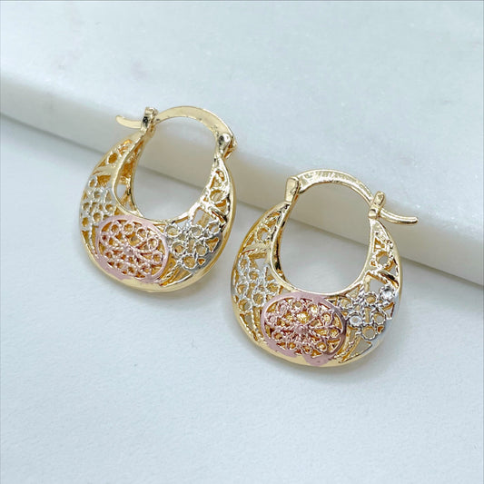 18k Gold Filled, Three Color 21mm Basket Earrings, 7mm Thickness Wholesale Jewelry Making Supplies