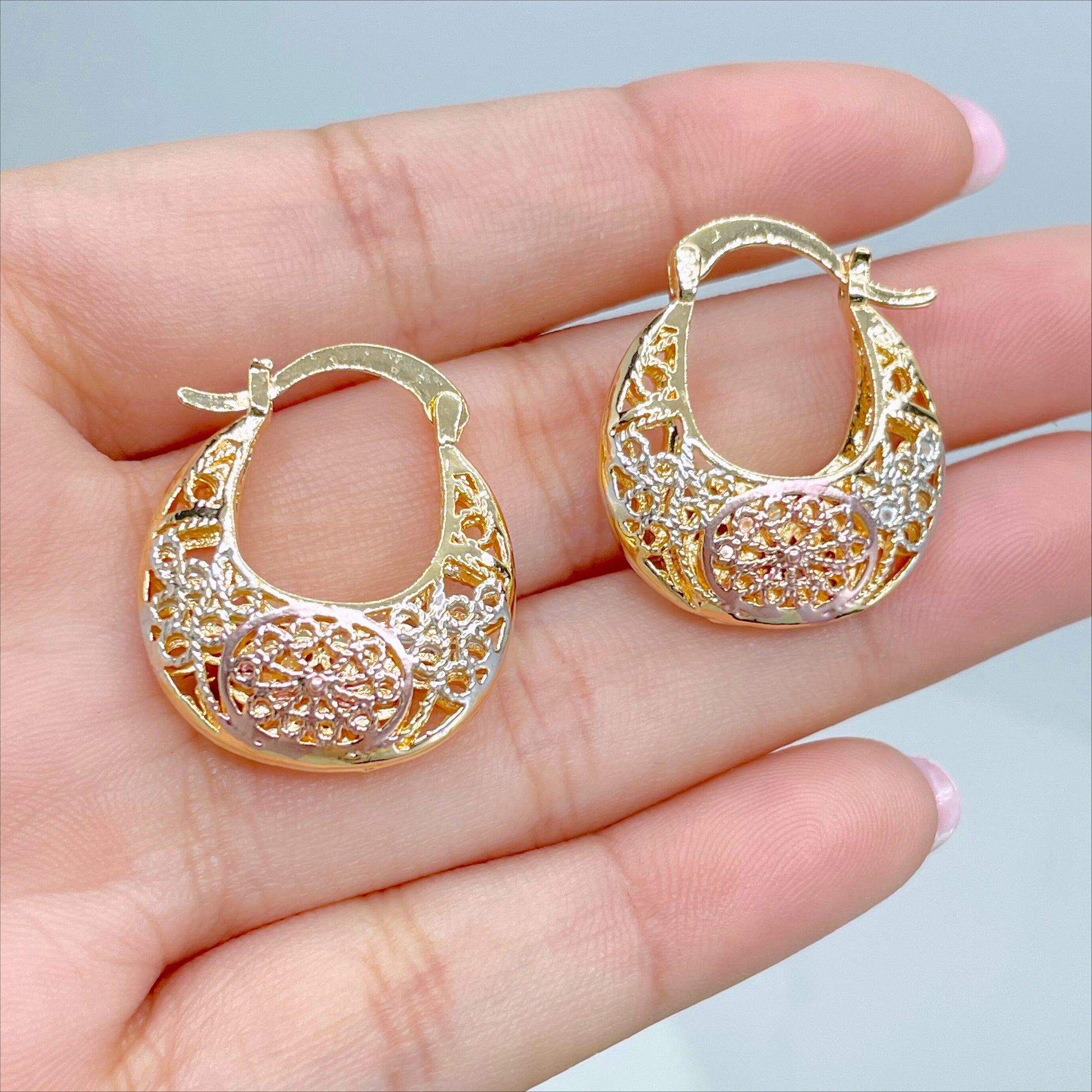 18k Gold Filled, Three Color 21mm Basket Earrings, 7mm Thickness Wholesale Jewelry Making Supplies