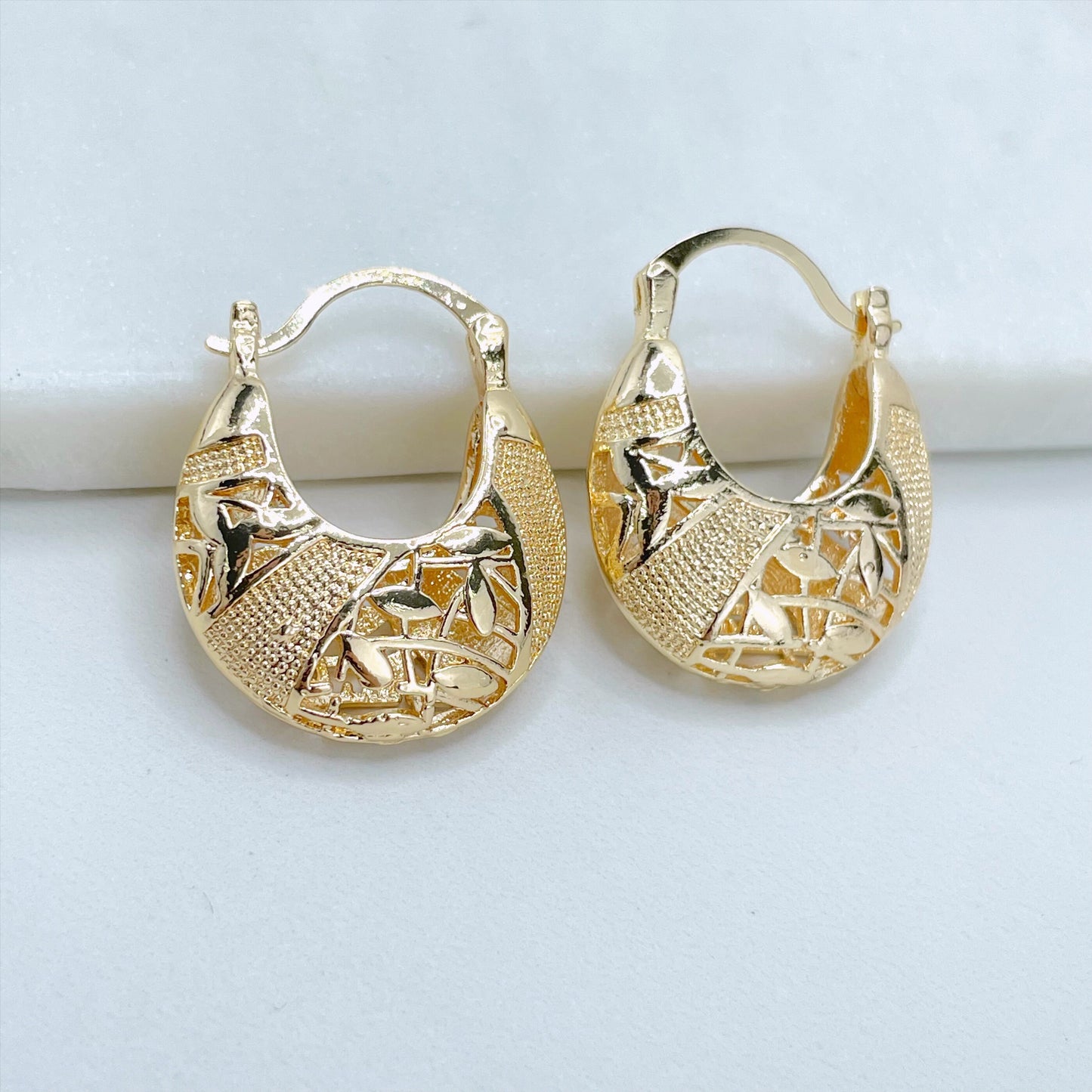 18k Gold Filled 24mm Filigree Basket Hoop Earrings, 11mm Thickness, Wholesale Jewelry Making Supplies