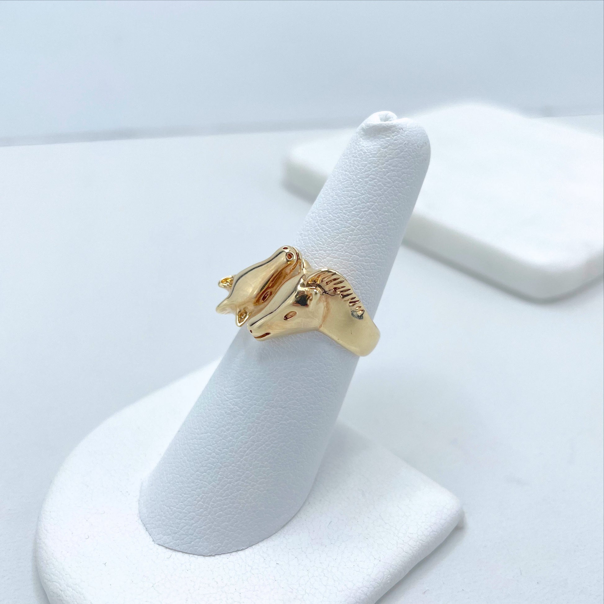 18k Gold Filled Puffed Two Head Horses Shape Adjustable Ring, Animals & Sports Jewelry, Wholesale Jewelry Making Supplies