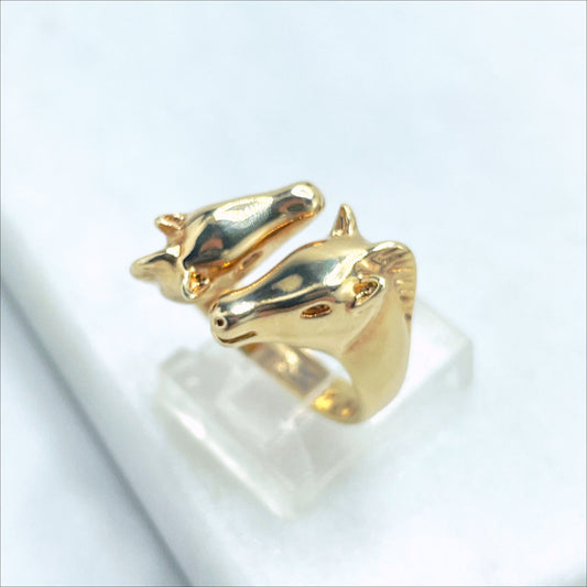18k Gold Filled Puffed Two Head Horses Shape Adjustable Ring, Animals & Sports Jewelry, Wholesale Jewelry Making Supplies