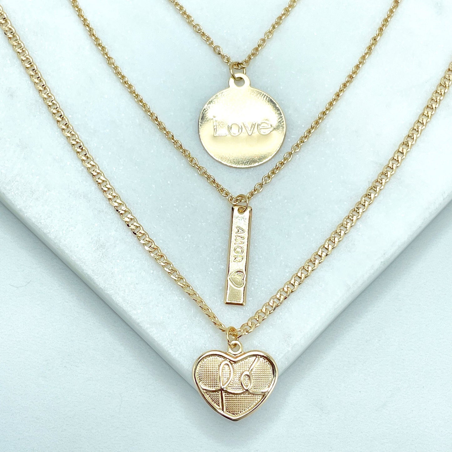 18k Gold Filled 03 Layered Necklace Set, with FÉ (Faith) Heart Shape, AMOR (Love) Board and LOVE Medal Charms, Wholesale Jewelry Supplies