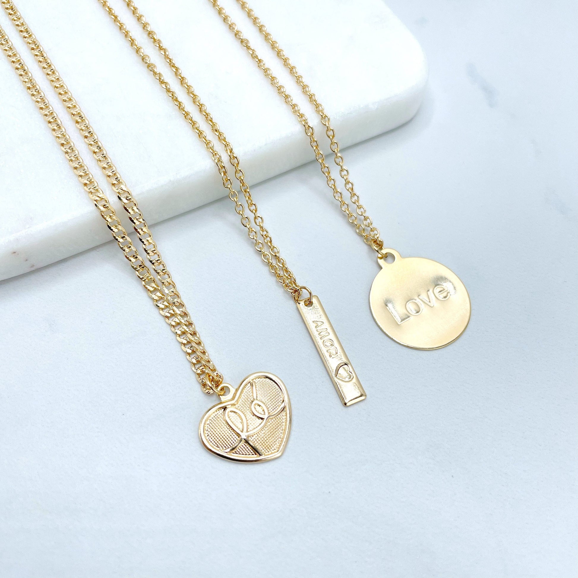 18k Gold Filled 03 Layered Necklace Set, with FÉ (Faith) Heart Shape, AMOR (Love) Board and LOVE Medal Charms, Wholesale Jewelry Supplies