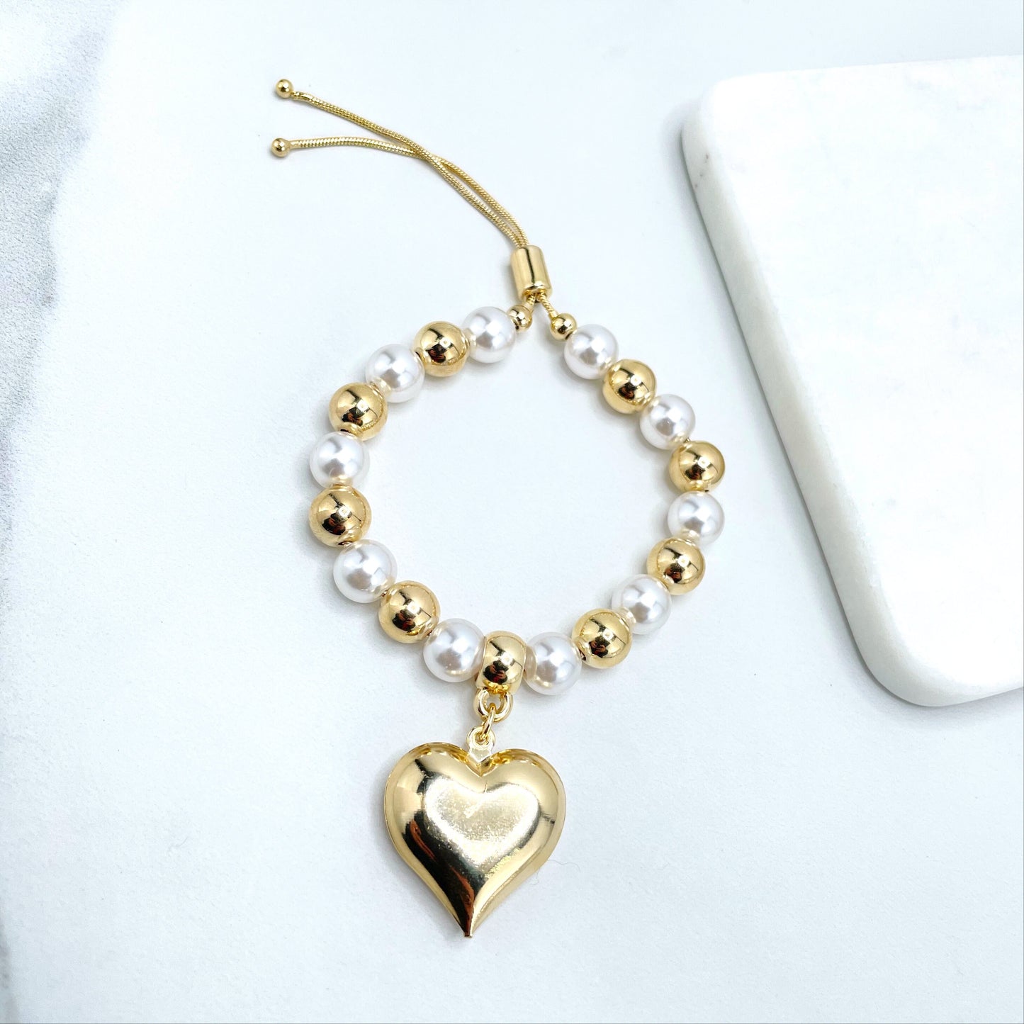18k Gold Filled 1mm Box Chain with Gold Beads & Simulated Pearls, Heart Charm, Adjustable Beaded Bracelet, Wholesale Jewelry Making Supplies