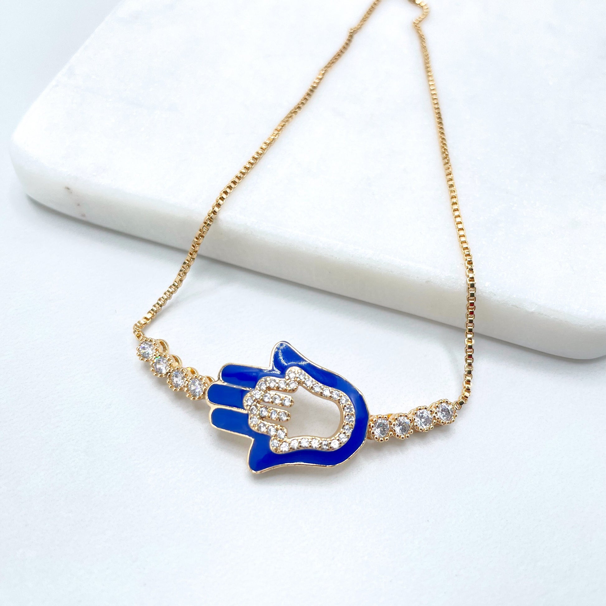 18k Gold Filled 1mm Box Chain, Blue Enamel & Cubic Zirconia Hamsa Hand Charm, Adjustable Bracelet, Wholesale Jewelry Making Supplies