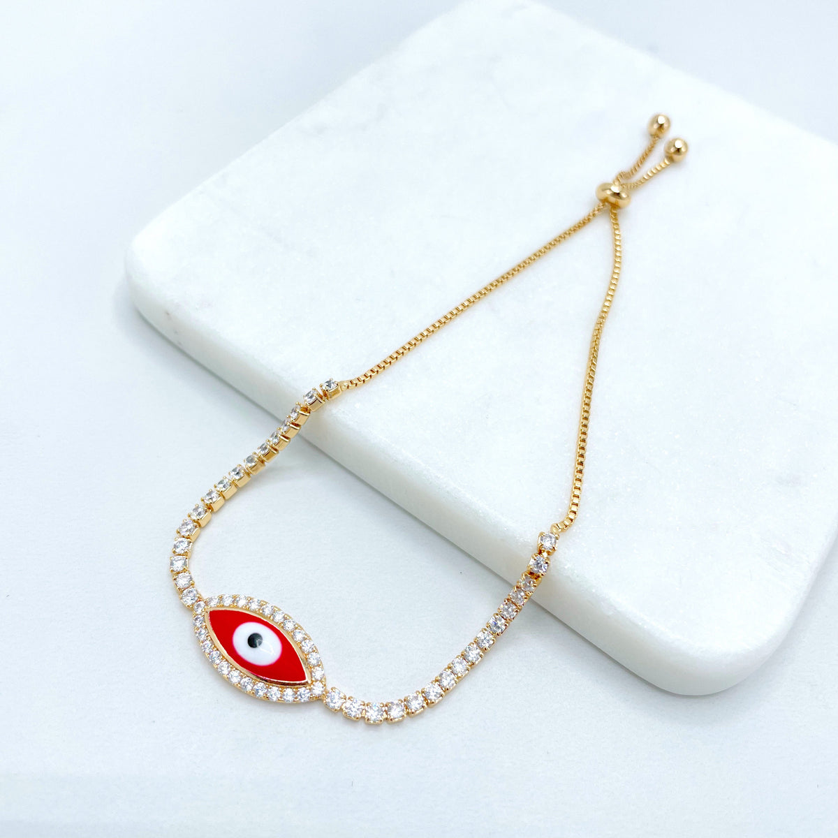 18k Gold Filled 1mm Box Chain, Red Enamel & Cubic Zirconia Evil Eye Shape Charm, Adjustable Bracelet, Wholesale Jewelry Making Supplies