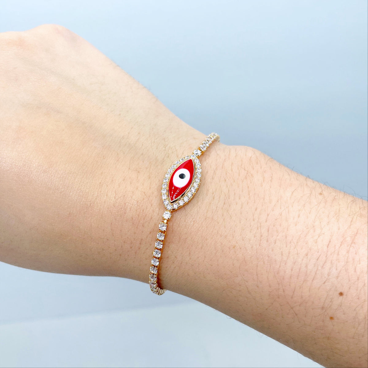 18k Gold Filled 1mm Box Chain, Red Enamel & Cubic Zirconia Evil Eye Shape Charm, Adjustable Bracelet, Wholesale Jewelry Making Supplies
