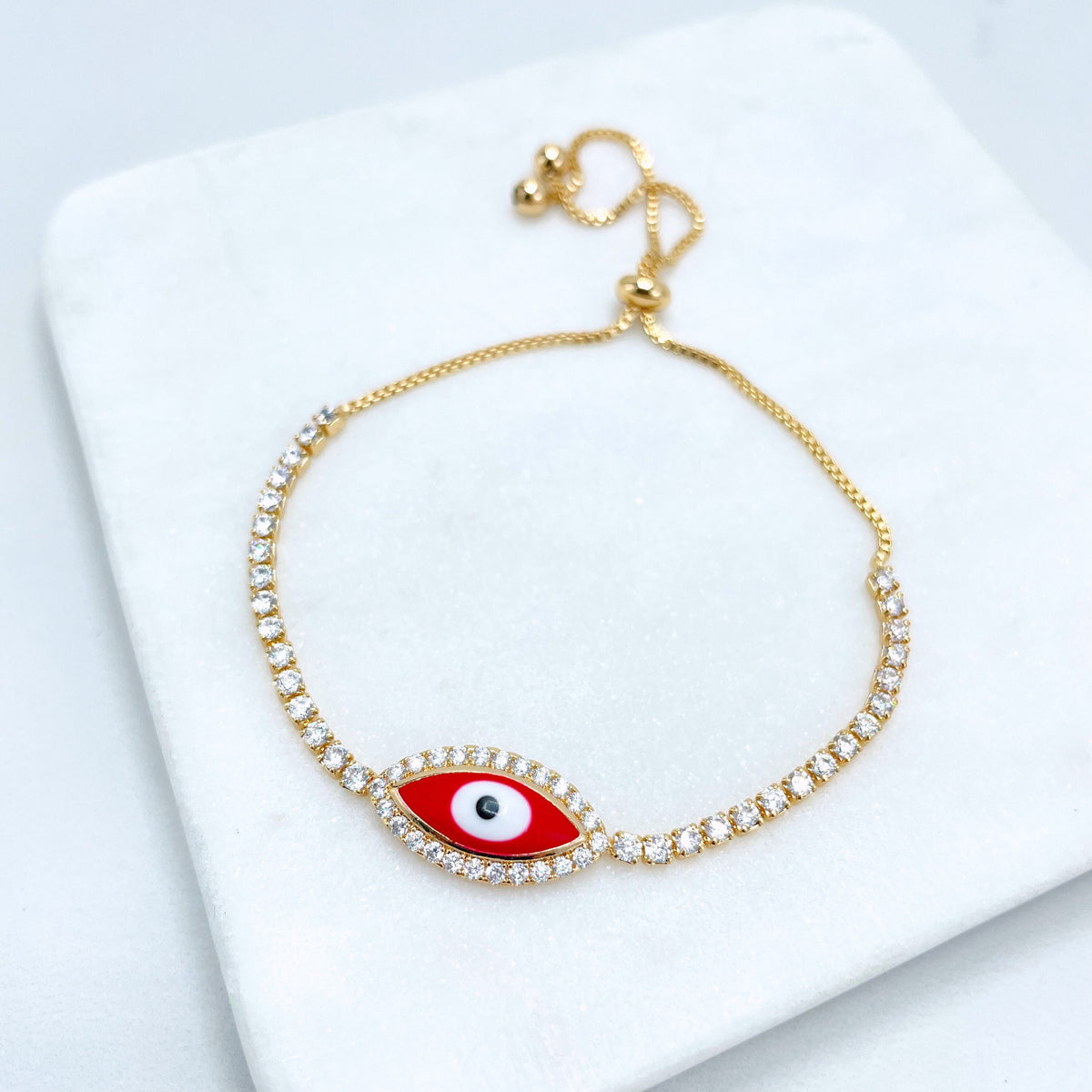 18k Gold Filled 1mm Box Chain, Red Enamel & Cubic Zirconia Evil Eye Shape Charm, Adjustable Bracelet, Wholesale Jewelry Making Supplies