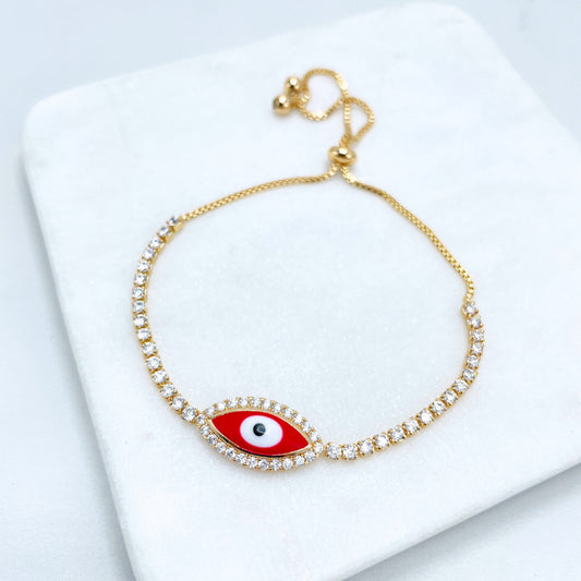 18k Gold Filled 1mm Box Chain, Red Enamel & Cubic Zirconia Evil Eye Shape Charm, Adjustable Bracelet, Wholesale Jewelry Making Supplies