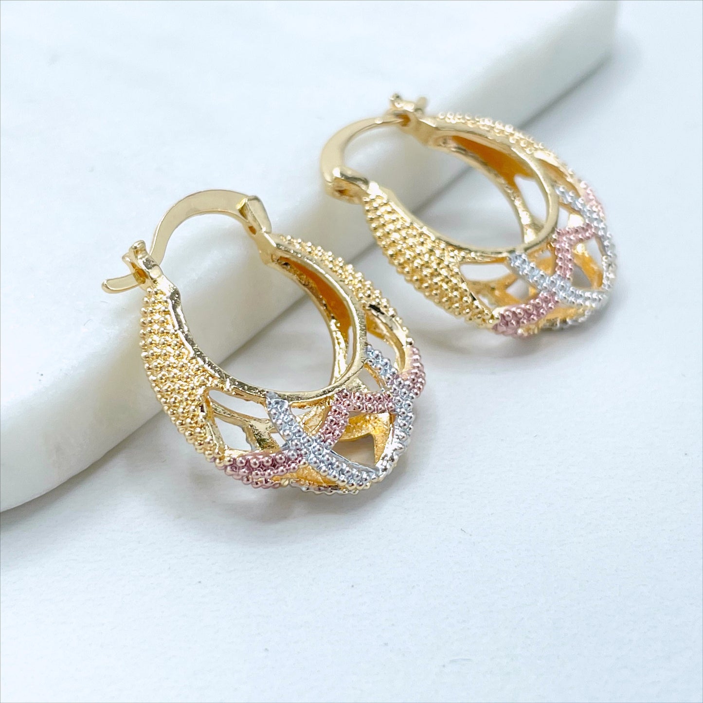 18k Gold Filled Tree Tone, Thee Color 22mm Basket Design Hoop Earrings, 6mm Thickness, Wholesale Jewelry Making Supplies
